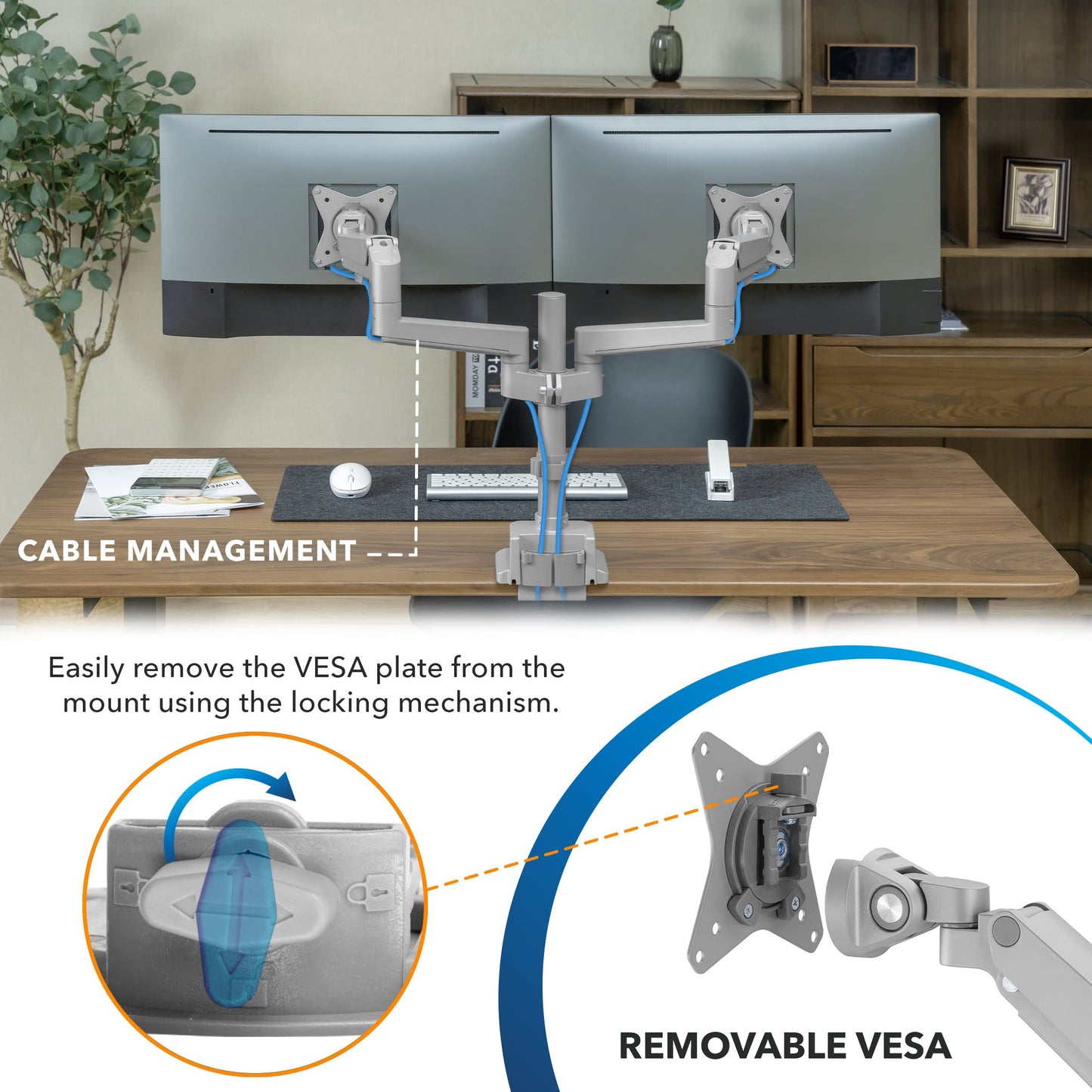 Mount-It! Dual Monitor Mount - Monitor Stands for 2 Monitors, Computer Arms on Desk Stand, Gas Spring Height Adjustable Desk Mount in Silver, VESA 75