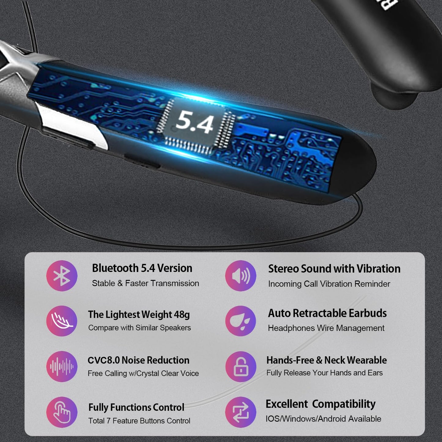 Neckband Bluetooth Headphones, Bluetooth 5.4 Wireless Headphone with Retractable Earbud,CVC8.0 Noise Cancelling, 16Hrs Playtime, Around The Neck…