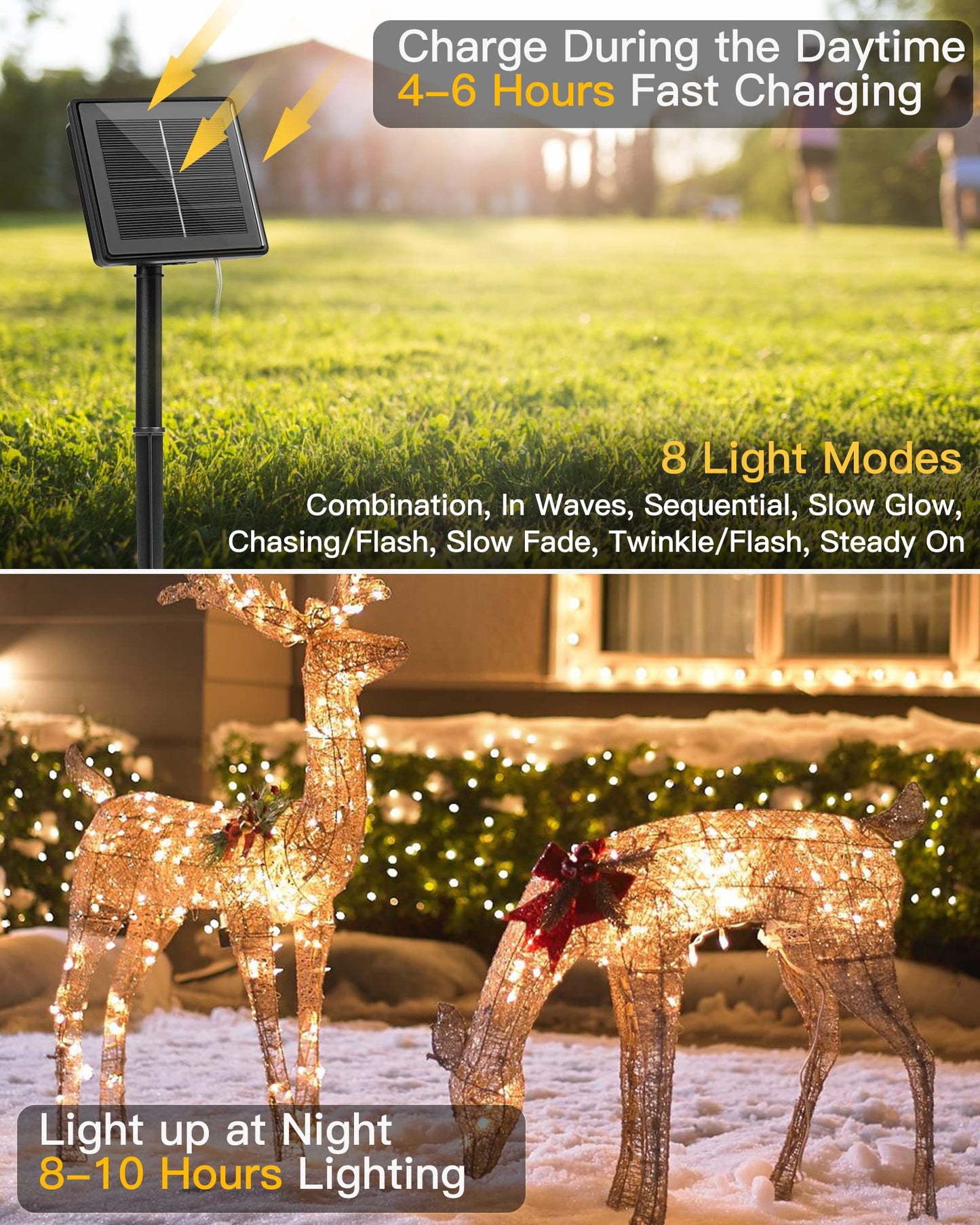 Brightown Solar String Lights, 2 Packs Total 66Ft 200 LED Solar Fairy Lights with 8 Modes, Waterproof Solar Lights for Outside Patio Yard Tree Wedding