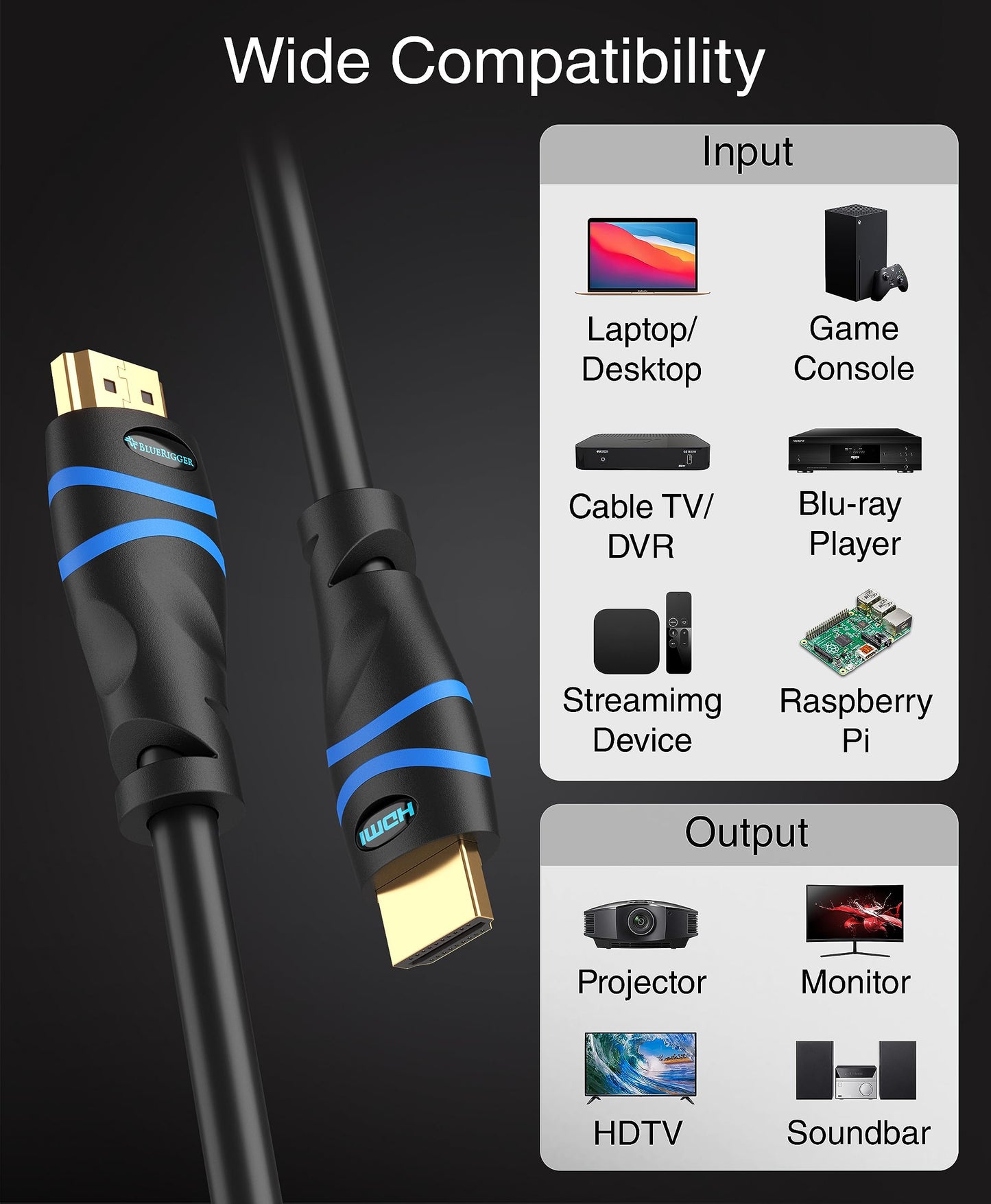 BlueRigger 4K HDMI Cable with Signal Booster (100FT, 4K 30Hz, in-Wall CL3 Rated) Long HDMI Cable - Compatible with Home Theatre, HDTV, Gaming