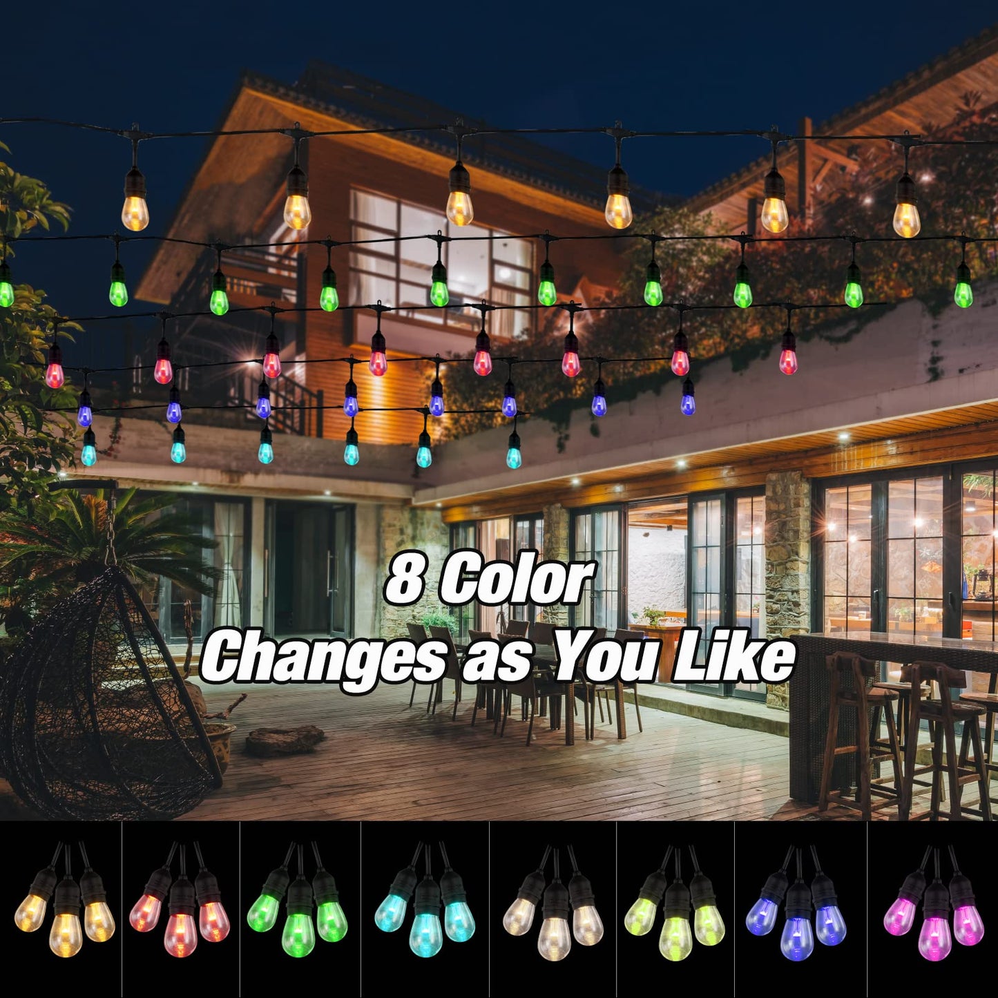 IPStank 96FT Solar Outdoor String Lights, 30 Shatterproof Edison LED Bulbs, Dimmable RGB Color Changing Patio Lights Waterproof with Remote. for Patio