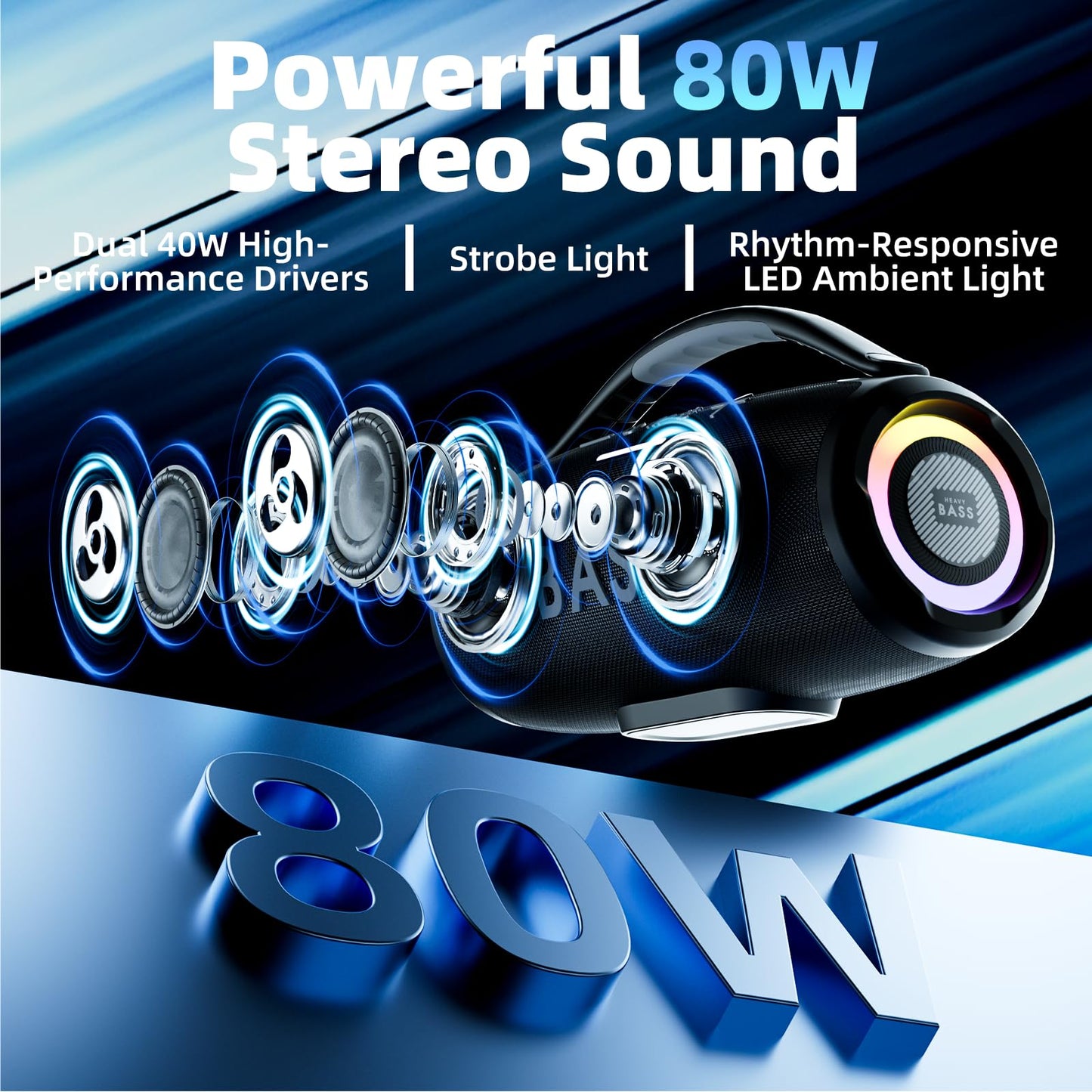 HEAVY BASS Speakers Bluetooth Wireless, 80W Max Loud Portable Speaker with Bass, 20H Playtime, IPX6 Waterproof, Dual Pairing, Gift Ideal for Adults