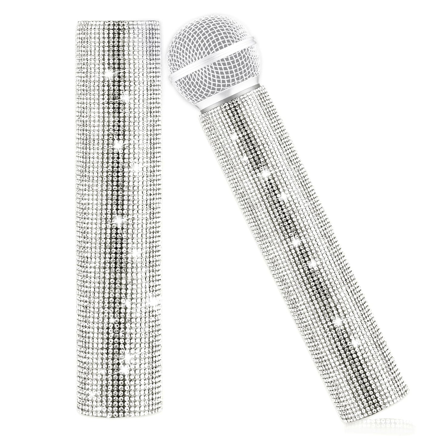 Silver Microphone Decorative Sleeve (Mic Not Included), Glitter Wireless Microphone Cover, Sparkling Bling Rhinestones Mic Handle Sleeve Protector for