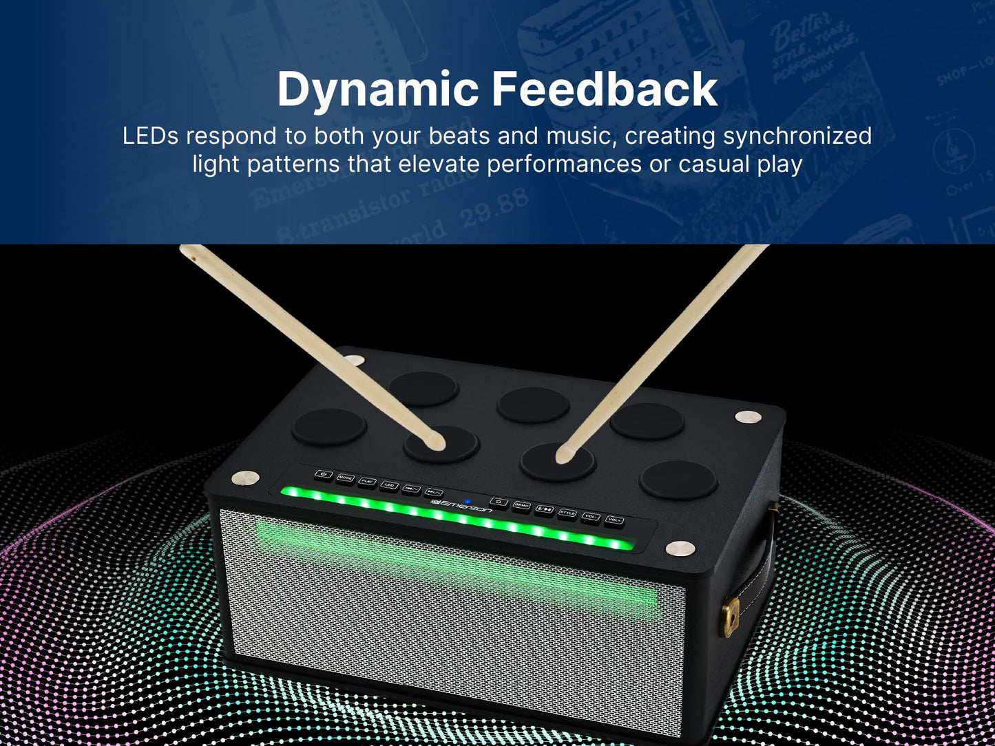 Emerson EDS-1000 Bluetooth Party Speaker with Digital Drum Pads, LED Lights, Dual Speakers, USB/AUX/Mic Inputs, & Rechargeable Battery