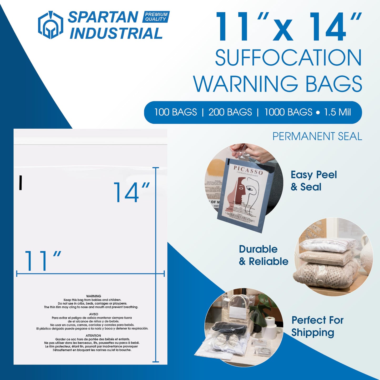 11" X 14" (1000 Count) Self Seal Clear Poly Bags with Suffocation Warning