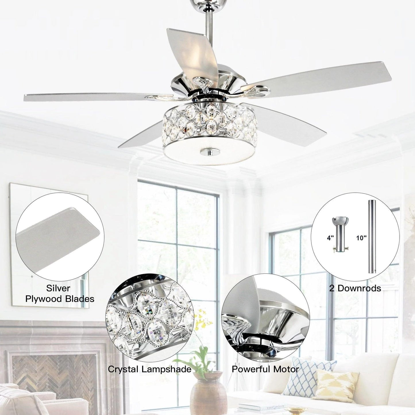 Vaczon 52 Inch Ceiling Fan with Light & Remote - Farmhouse Caged Fandelier, Crystal Ceiling Fan with 6 Speeds,Reversible Motor
