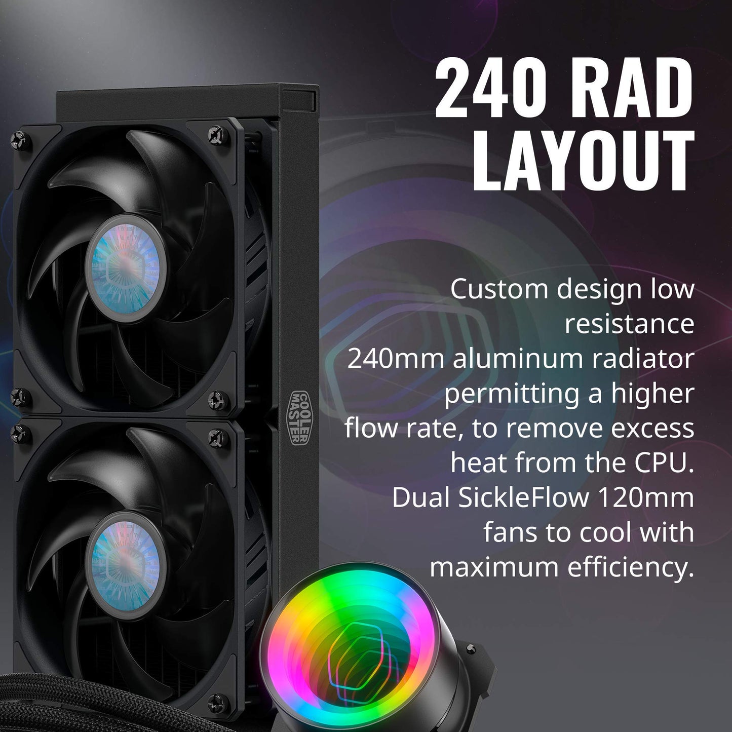 Cooler Master MasterLiquid ML240 Mirror ARGB Close-Loop AIO CPU Liquid Cooler, Mirror ARGB Pump, 240 Radiator, Dual SickleFlow 120mm, 3rd Gen Dual