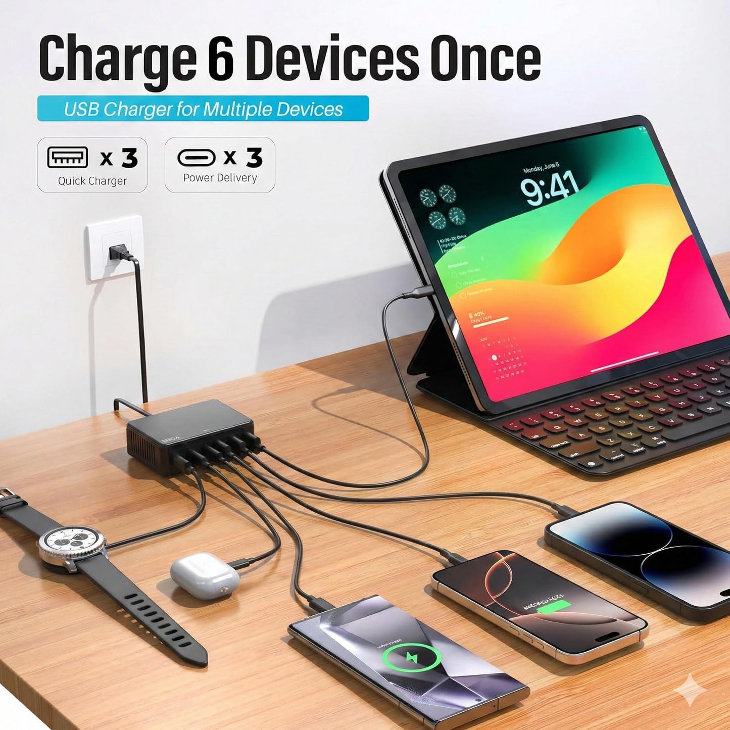 TT&C 100W USB C Charging Station, 6-Port GaN III Desktop Hub (30W Max Per Port), Compatible with iPhone 17, 16, 15, Pro Max, 14, 13, 12, 11, iPad