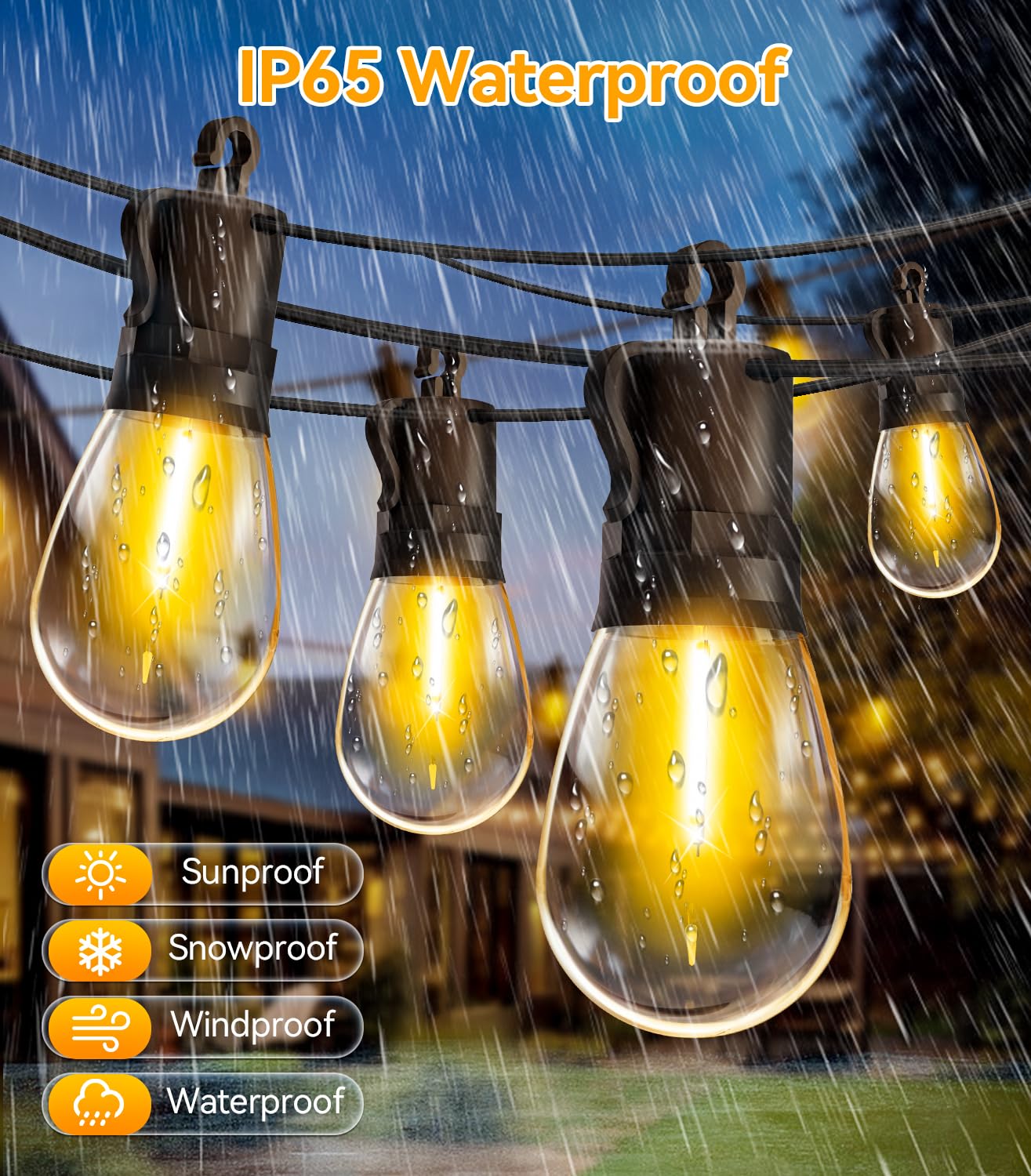 Outdoor String Lights Patio LED - Light Outside 50Ft 15M Waterproof Remote Dimmable S14 Porch Lighting Edison Plastic Bulb Pergola Hanging Balcony