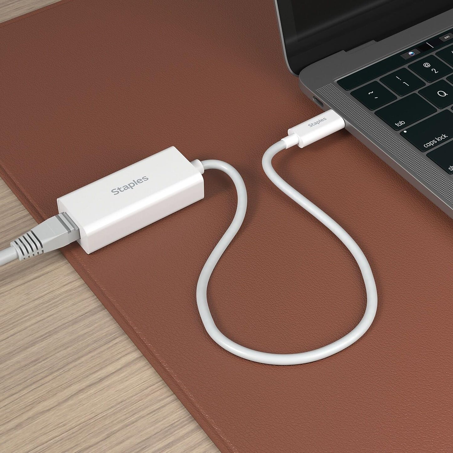 Staples TECH USB-C to Ethernet Adapter, White, USB-C Male to RJ45 Female, Wired Network Adapter for Laptop/MacBook