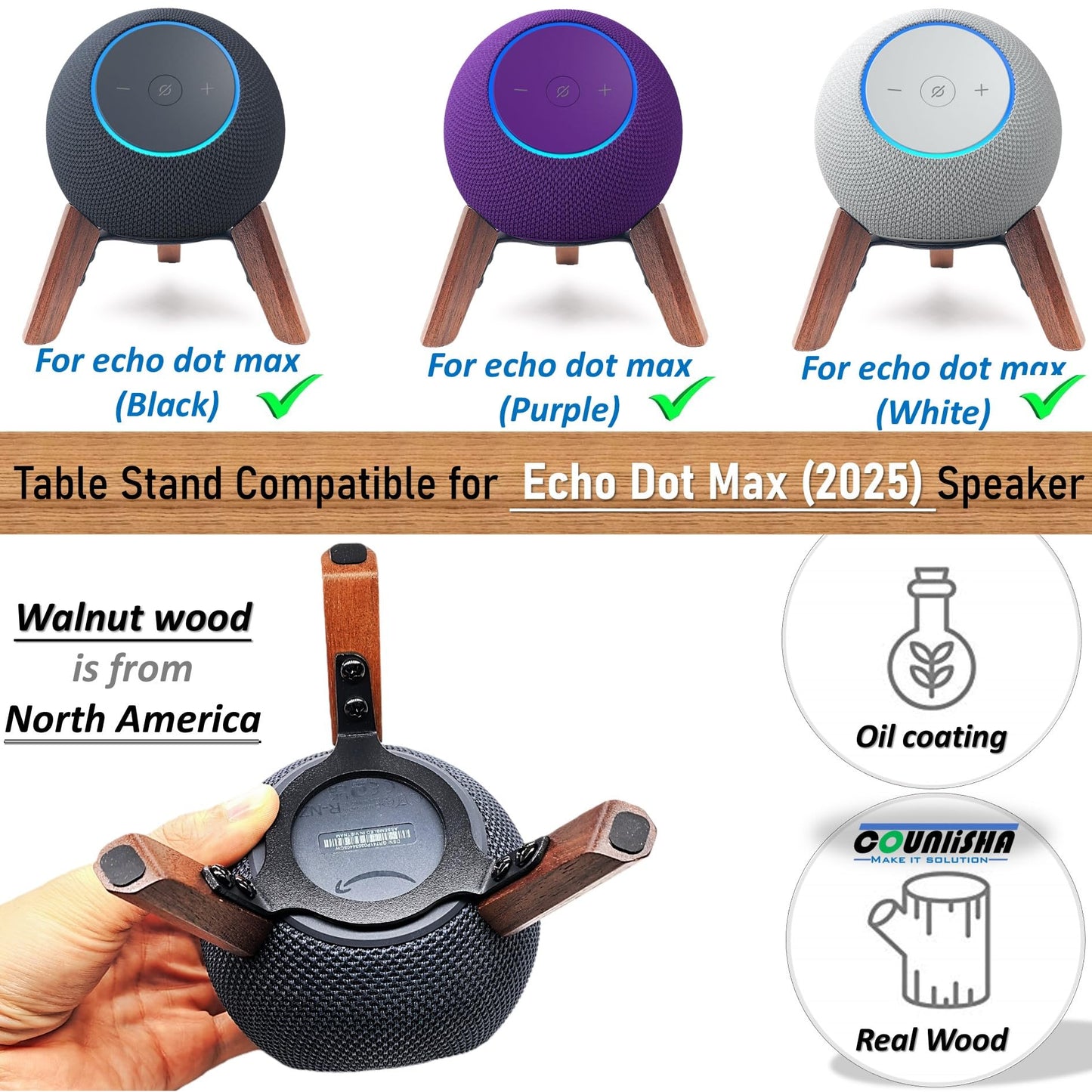 Counlisha Real Wood Stand for Echo dot max (new Model) 2025 Released,Desktop Tripod Mount Accessories Protect dot Audio for Better Sound,Secure Stable