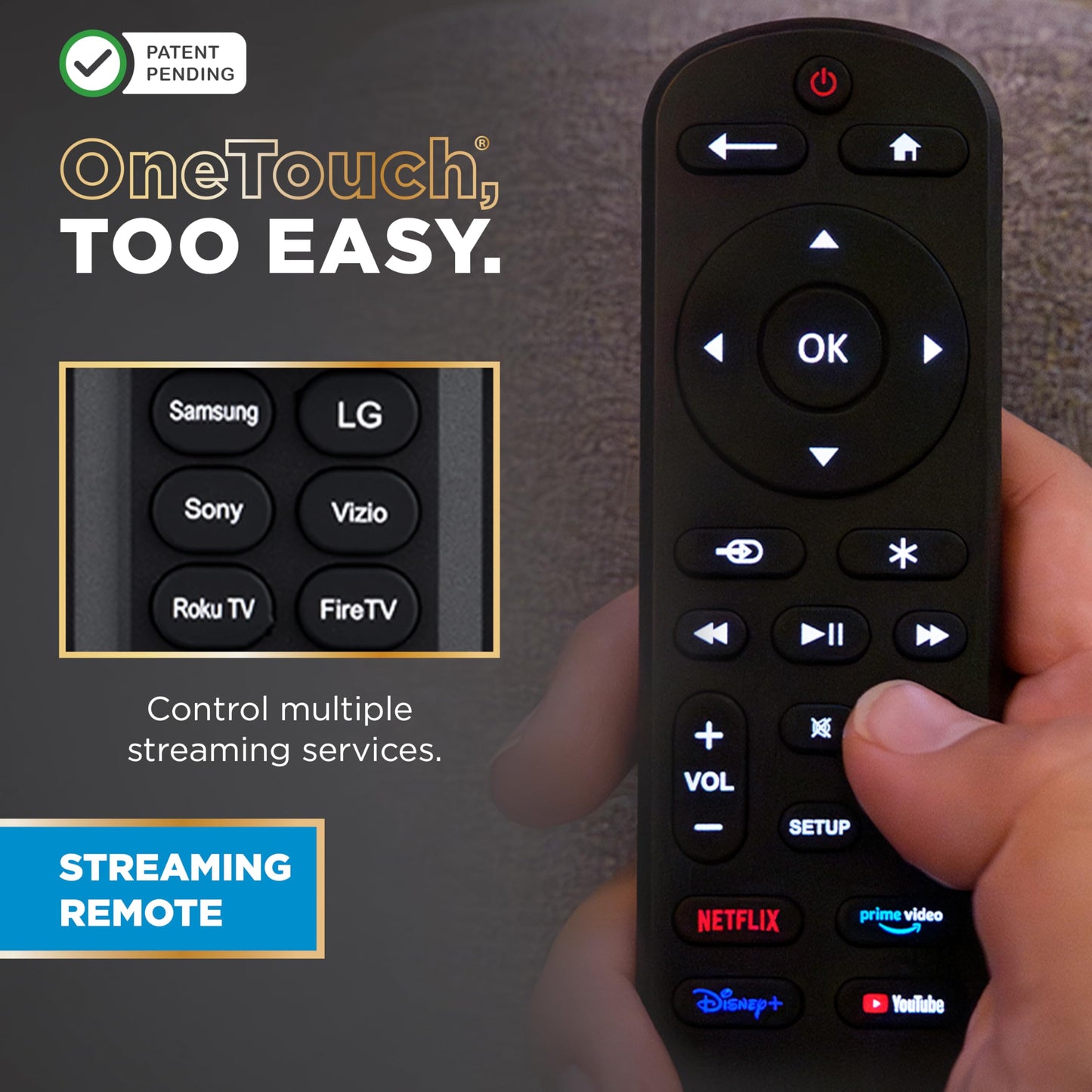 UltraPro OneTouch Backlit Remote Control for Smart TV, Samsung, LG, Sony, Vizio, Roku, Fire TV, Replacement, Black, 83758
