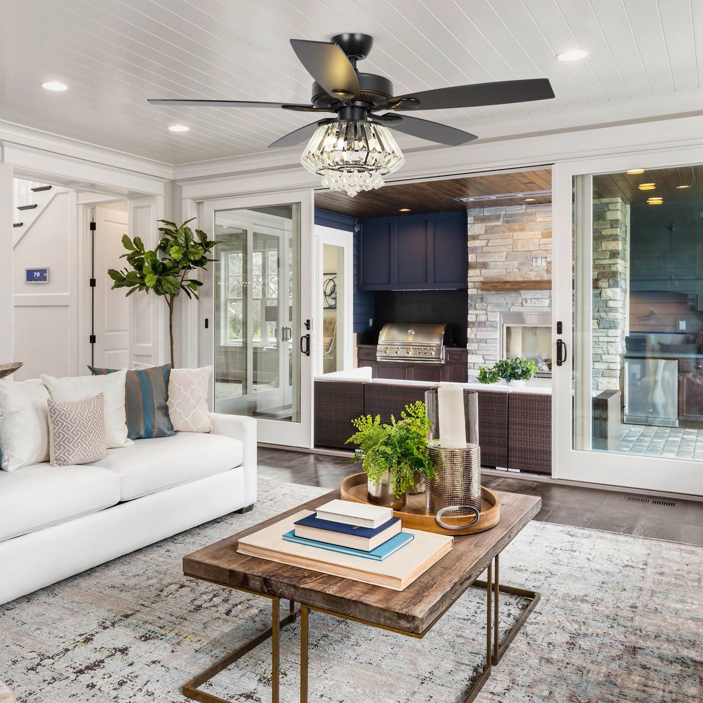 Vaczon 52'' Farmhouse Ceiling Fan with Light & Remote - Black Caged Fandelier Style, Crystal Chandelier with 6 Speeds,Reversible Motor