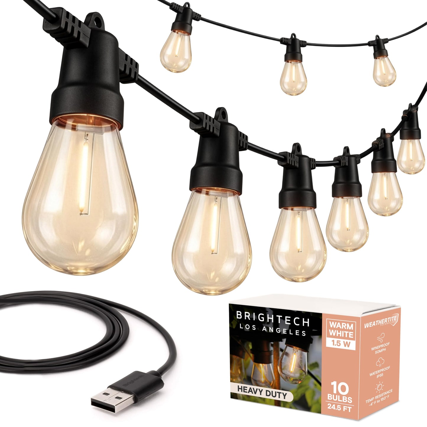 Brightech Ambience Pro USB Powered String Lights - 24 Ft Commercial Grade Waterproof String Lights - Outdoor Shatterproof Patio Lights for Camping