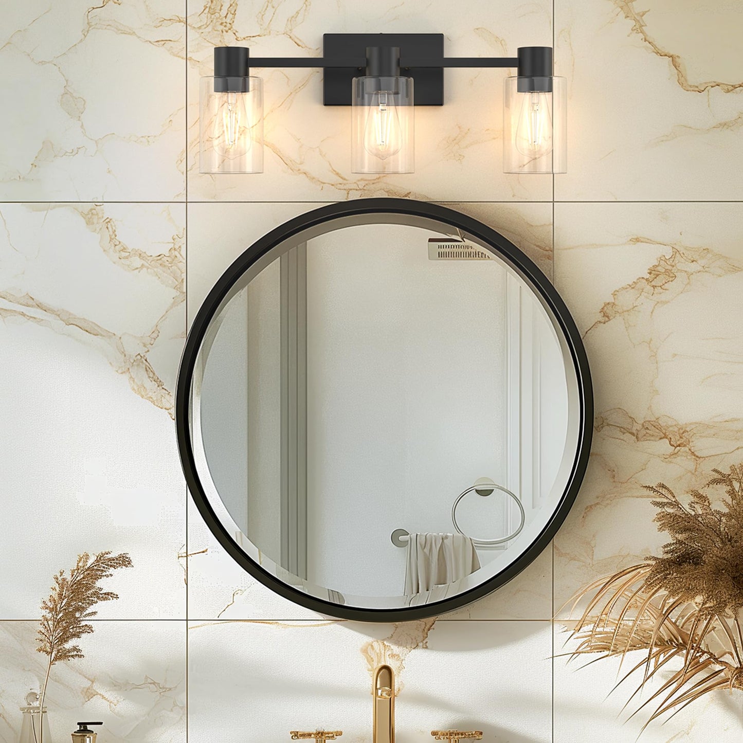 Esfos 3-Light Matte Black Wall Sconces for Bathroom, Modern Vanity Light Fixtures Over Mirror, Bathroom Light Fixtures with Clear Glass Shade, E26