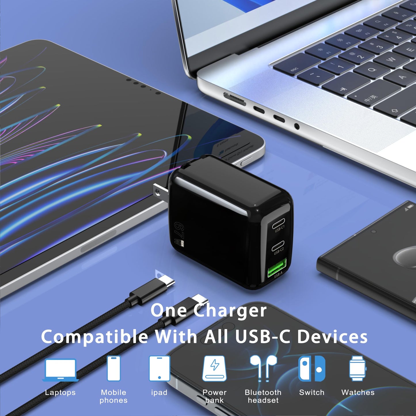 QIOUZW 67W USB C Wall Charger, 3-Port GaN Fast Charger Block,Replacement for MacBook Pro/Air, iPad, iPhone 15/14/Pro, Galaxy, Pixel, Apple Watch