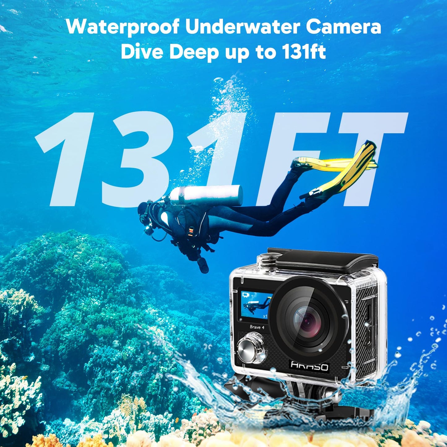 AKASO Brave 4 Action Camera with Waterproof Floating Hand Grip and Carry Bag Bundle - 4K30 20MP Ultra Hd EIS 131ft Underwater Camera 5xZoom Dual