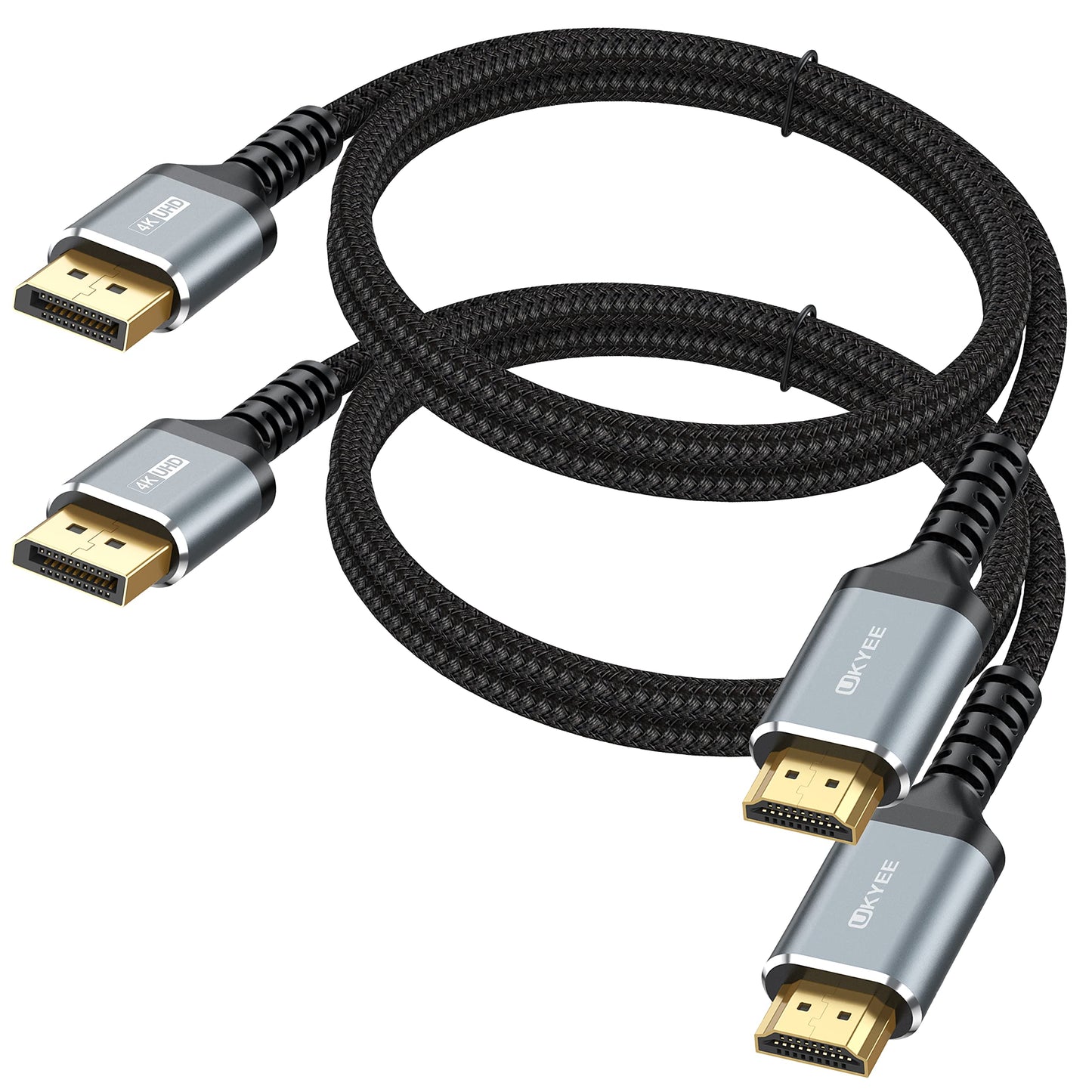 UKYEE 4K DisplayPort to HDMI Cable 6ft 2-Pack, Display Port DP to HDMI Cord 6 feet 3840 X 2160P Male to Male for for Labtop PCs to HDTV, Monitor