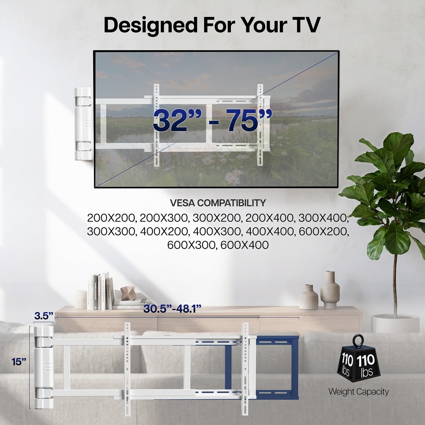 VIVO Steel Low Profile Electric TV Wall Mount for 32 to 75 inch LCD LED Plasma Screens, Motorized Swing TV Bracket with 90 Degree Swivel, White