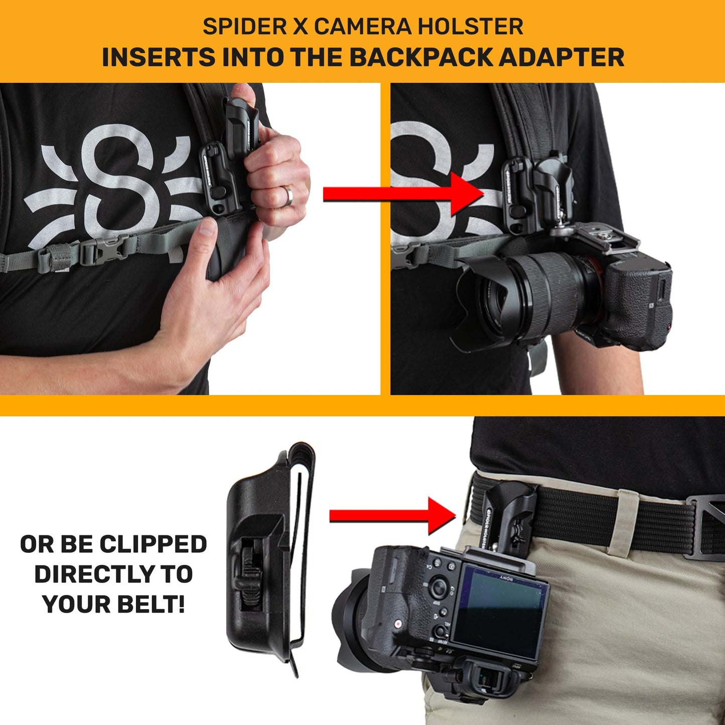 SPIDER HOLSTER - Spider X Belt and Backpack Camera Holster Kit with Clip-On Self-Locking Camera Holster, Mirrorless Camera Plate, and Backpack Adapter