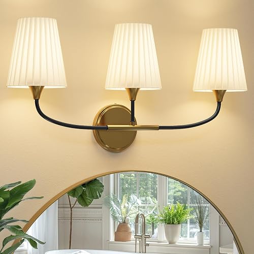Lanxithen Bathroom Light Fixtures Over Mirror, 3 Light Vanity Light for Bathroom, Black Gold Vanity Light Fixtures with Flared Ivory White Fabric