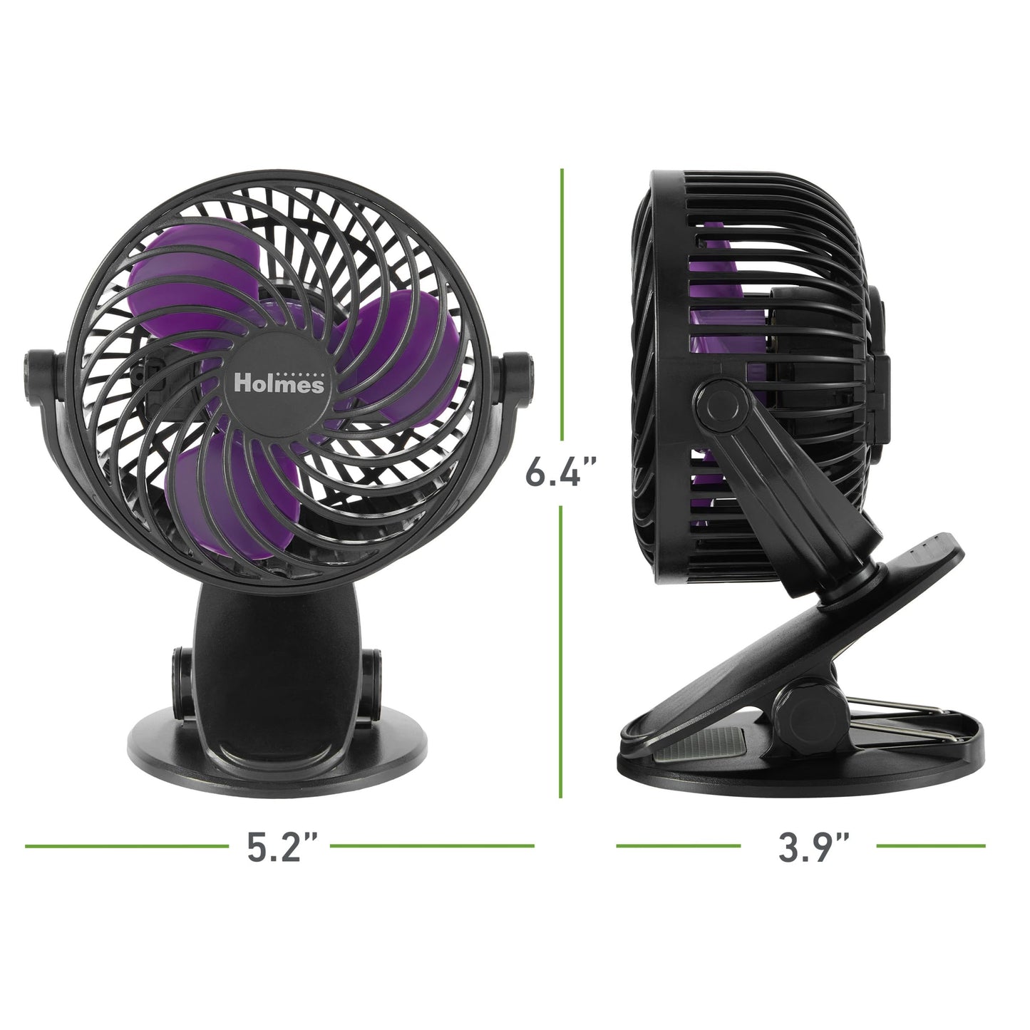 Holmes 4" USB Rechargeable Clip Fan Purple Blades 3-Speed 360° Tilt