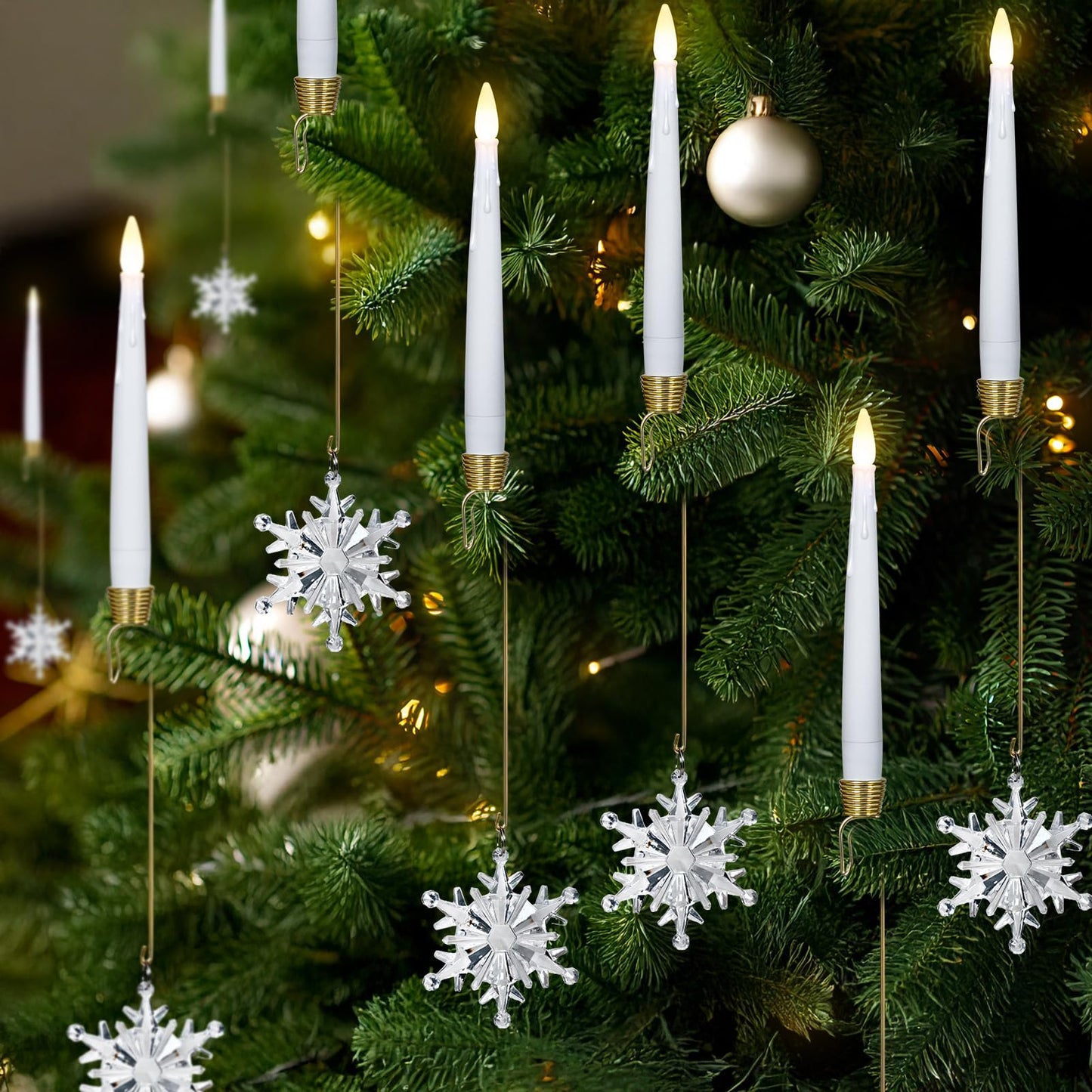 FPOO Christmas Tree Candles, 12 Pack Flameless Taper Candle for Christmas Tree Decor - Battery Operated Candlestick w/Crystal Ball Hook for Holiday