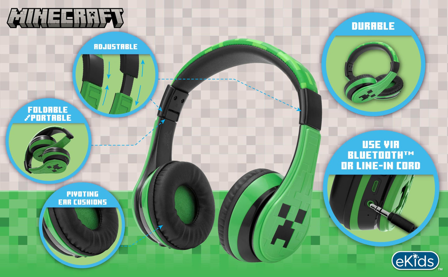 eKids Minecraft Kids Bluetooth Headphones, Wireless Headphones with Microphone Includes Aux Cord, Volume Reduced Kids Foldable Earphones