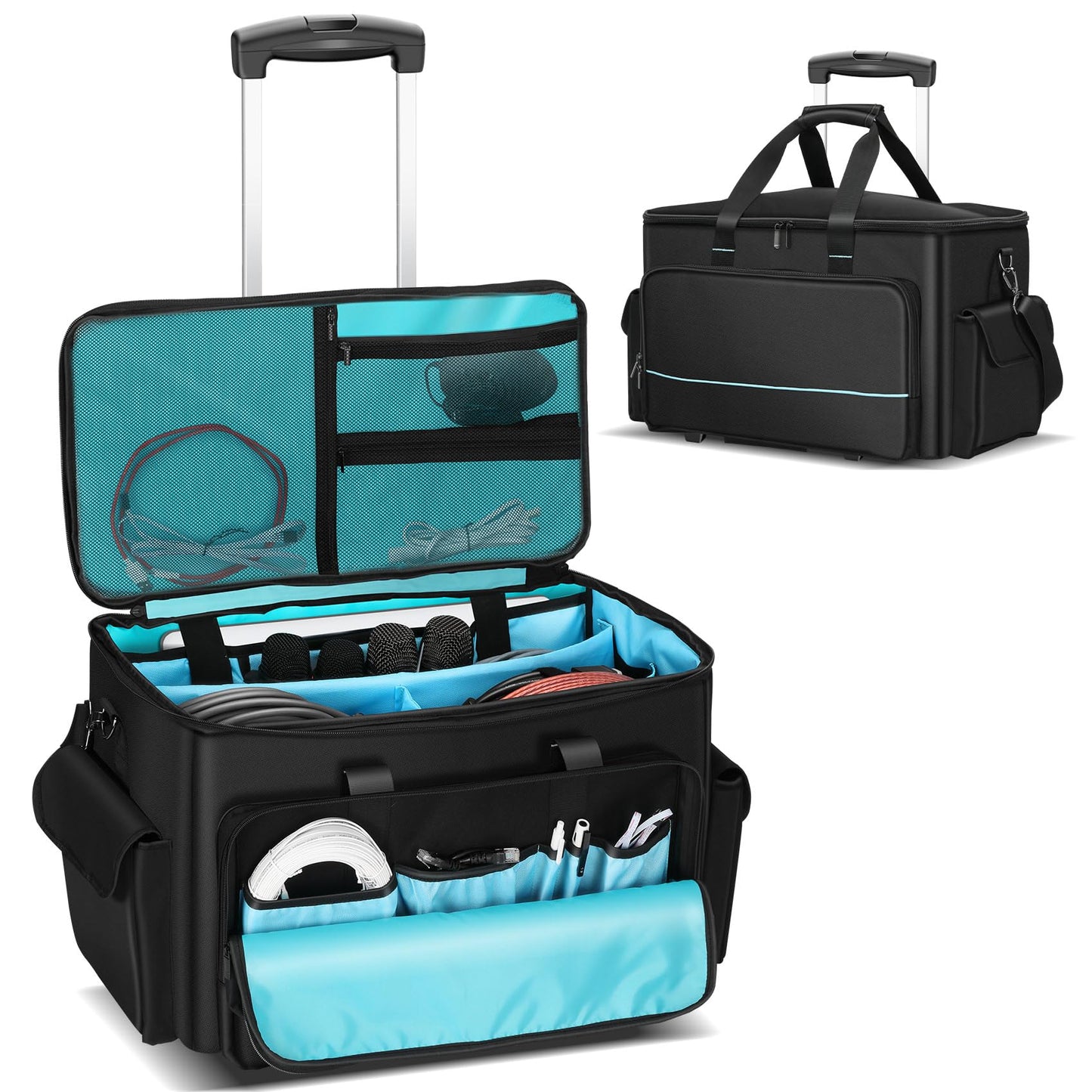 DJ Cable Bag, Rolling DJ Cable Bag with Detachable Trolley & Dividers, Large Capacity Gig Bag with Laptop Compartment, Professional Organizer Bag for