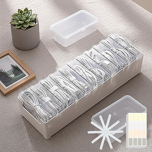 11 Case Cable Storage Box with Cable Straps and Label Stickers, Cord Organizer for Charging Cables, USB Wires, Earphones - Travel Cable Holder for