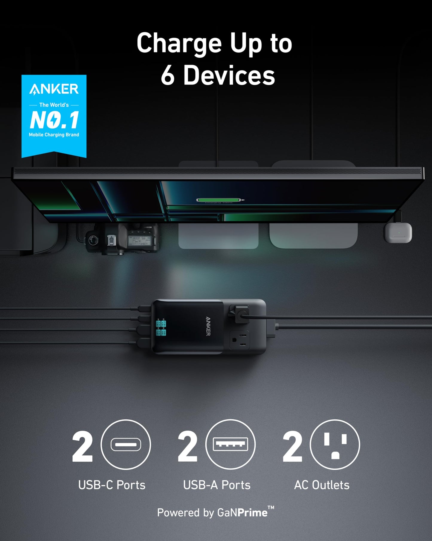 Anker Prime Charging Station, 140W 6-in-1 Travel Power Strip, 5ft Detachable Extension Cord with Multiple Outlets, 2 AC, 2 USB C, 2 USB A, Desk