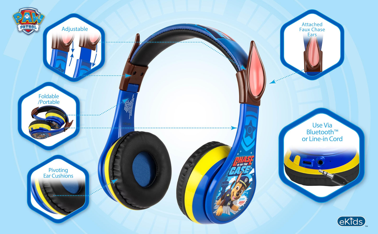 EKIDS - PAW Patrol Chase Bluetooth Headphones for Kids, Wireless Headphones for SC