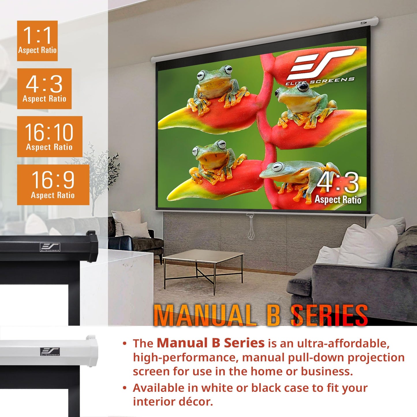 Elite Screens Manual B, 100-INCH 16:10, Manual Pull Down Projector Screen 4K / 8K Ultra HDR 3D Ready Auto-Lock Mechanism, 2-YEAR WARRANTY, M100X