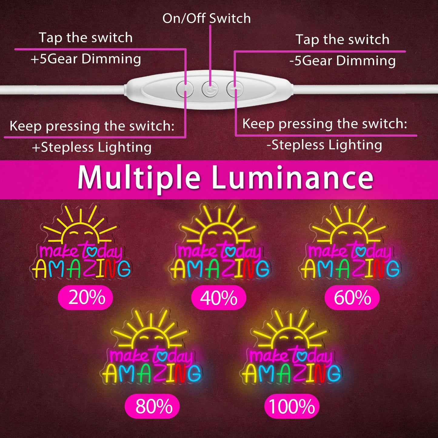 Make Today Amazing Neon Sign, Cool Sunrise Dimmable Neon Light Up Inspirational Slogan Boho Hanging Wall Art Decor LED Sign for Dormitory Room Cafe