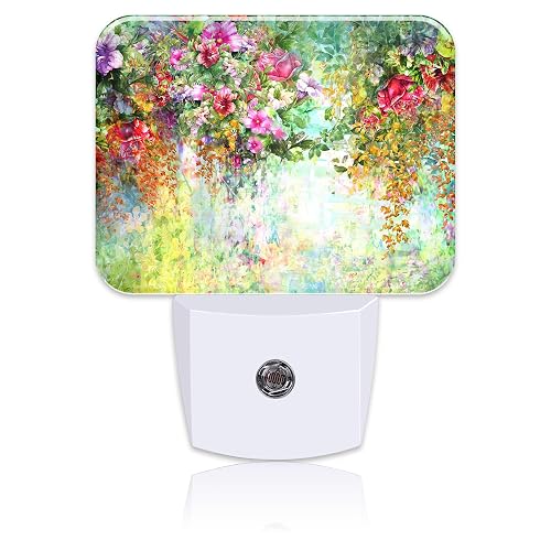 Abstract Watercolor Flowers Night Light Flowers Oli Painting Nightlight Plug into Wall with Dusk to Dawn Sensor for Kid Girls Boys Women Men Room