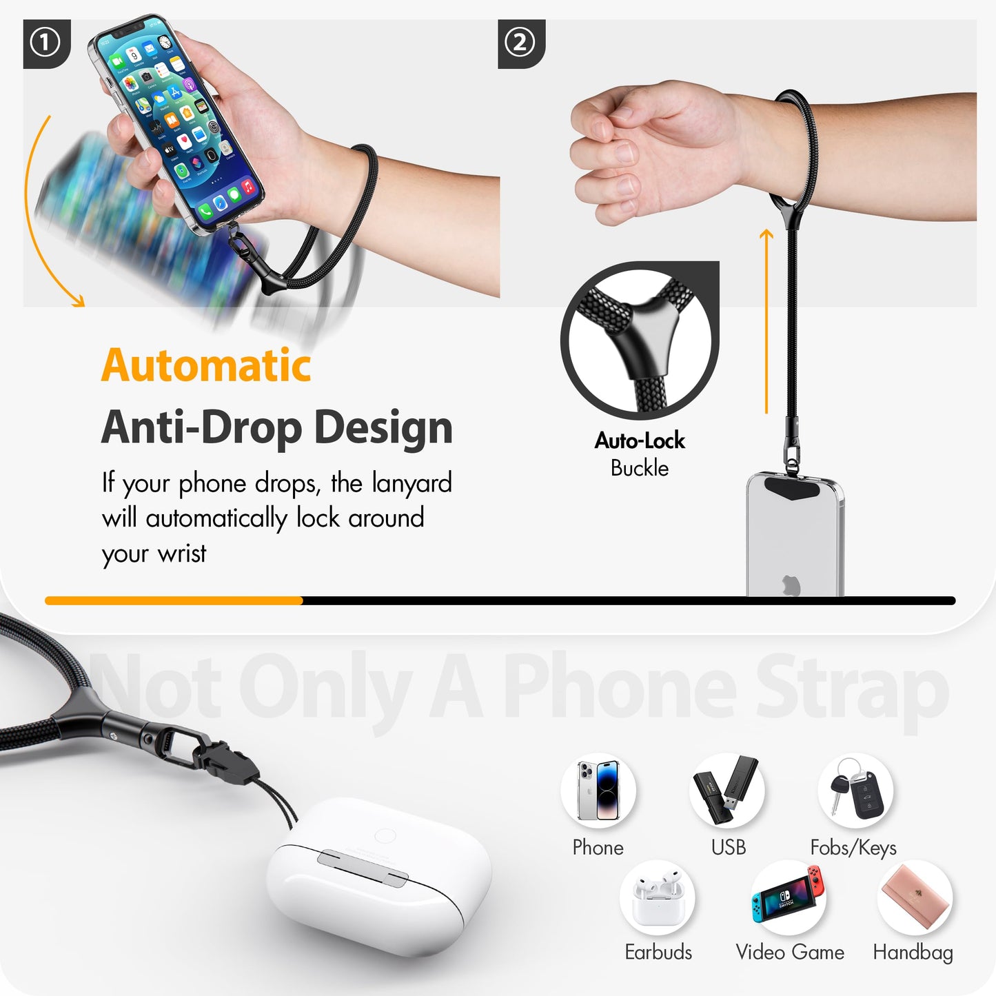 Kaptron Adjustable Phone Wrist Lanyard - Auto-Locking Phone Strap with Quick Release Phone Strap & Metal Phone Tether Tab (Black)