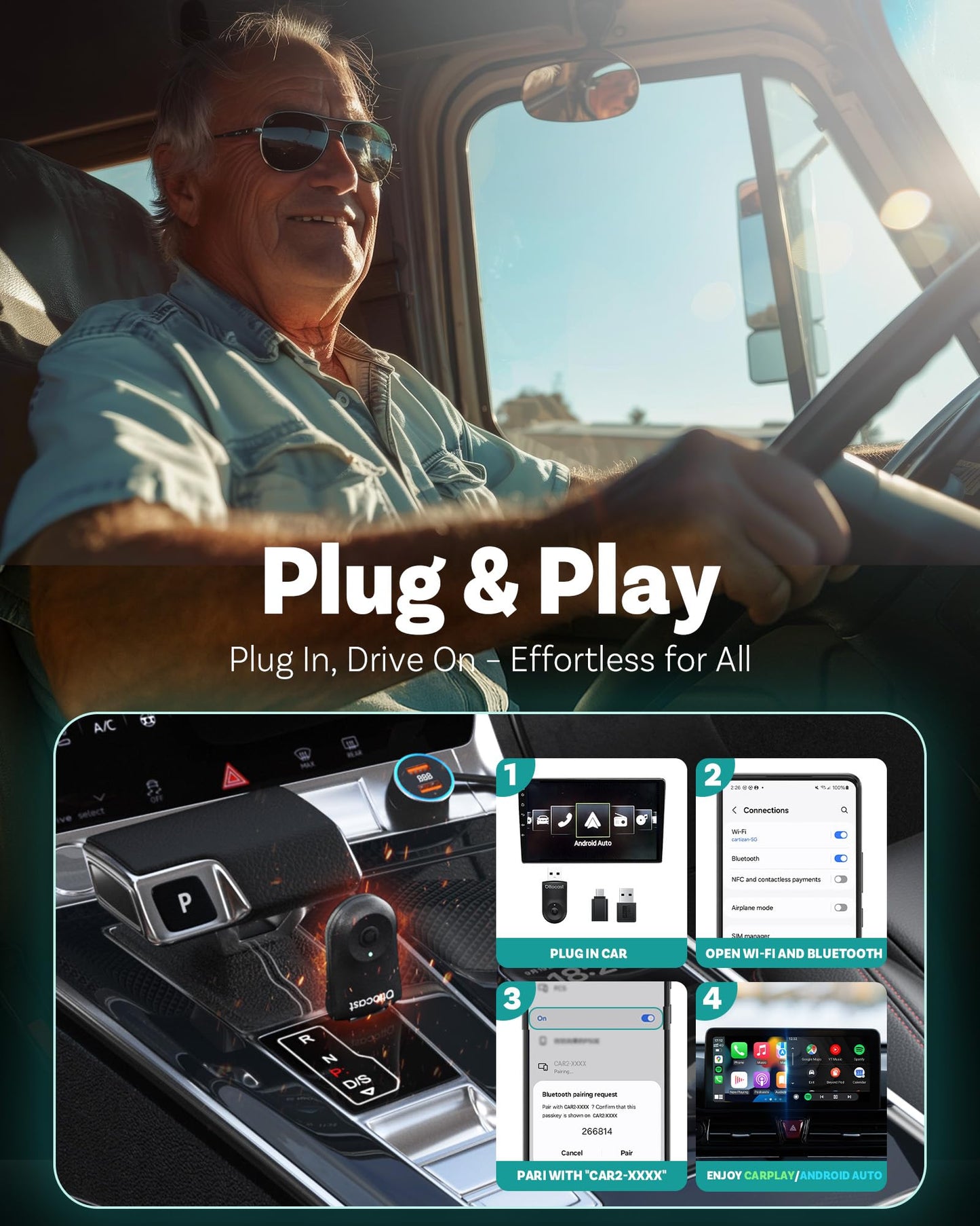 OTTOCAST Mini 2025 Wireless CarPlay & Android Auto 2-in-1 Adapter, Plug & Play, 5GHz WiFi, Auto Connect for iPhone & Android, Fits 98%+ OEM Wired