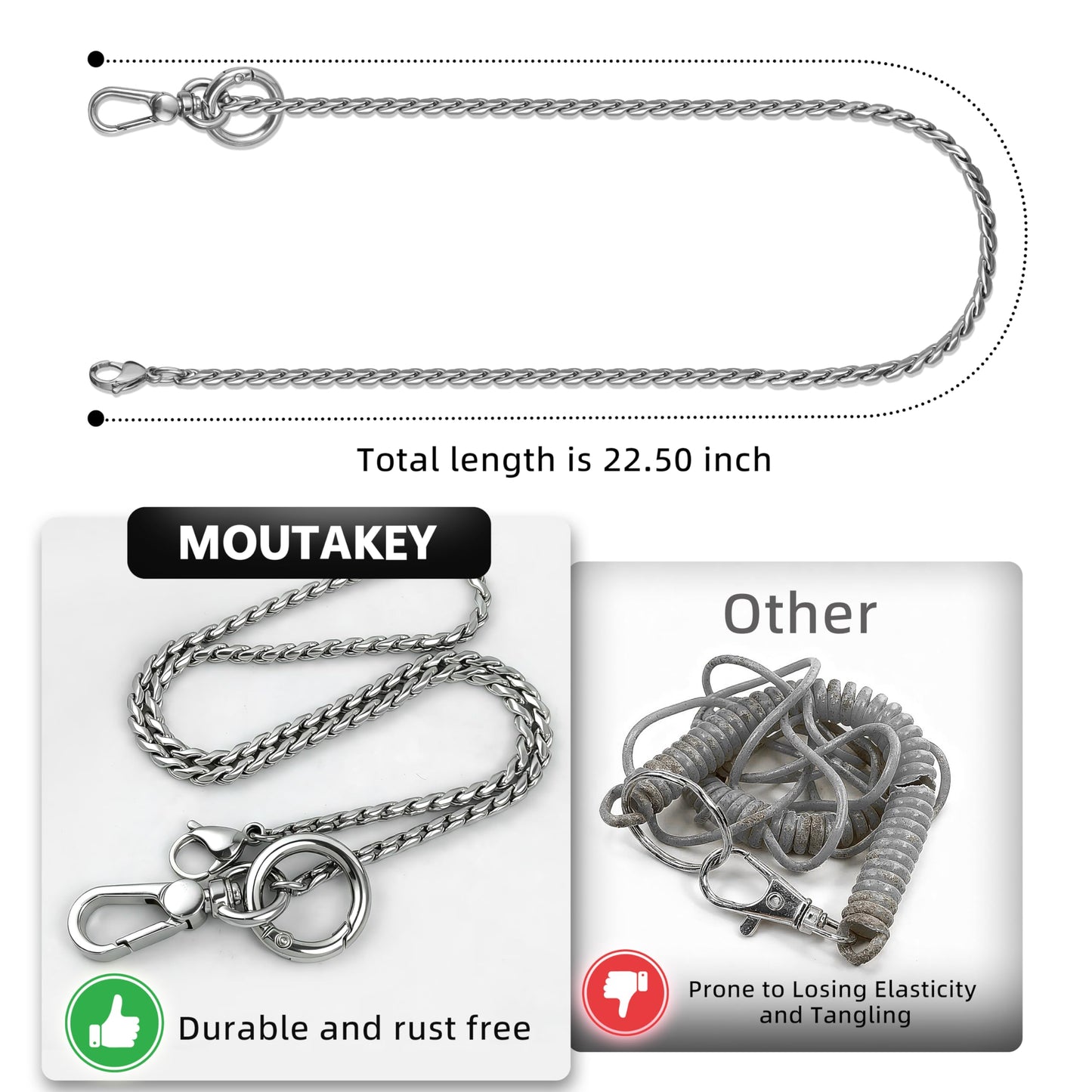MOUTAKEY Anti Theft Phone Lanyard, 22.6" Unbreak Metal Phone Belt Strap with Metal Tether tab for All Phones, Detachable Non-rust Pants Chain