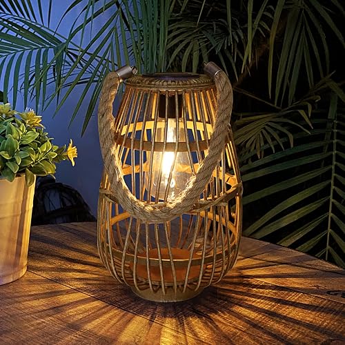 Natural Rattan Solar Lantern with Handle - Large Waterproof LED Decorative Garden Lights, Bright Rattan Solar Table Lamp for Yard, Patio, Wedding