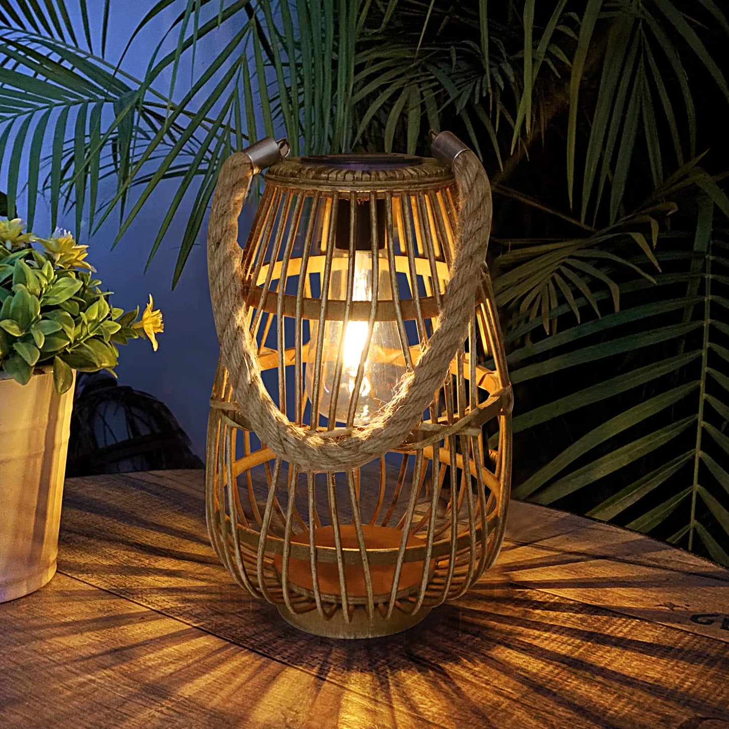 Natural Rattan Solar Lantern with Handle - Large Waterproof LED Decorative Garden Lights, Bright Rattan Solar Table Lamp for Yard, Patio, Wedding