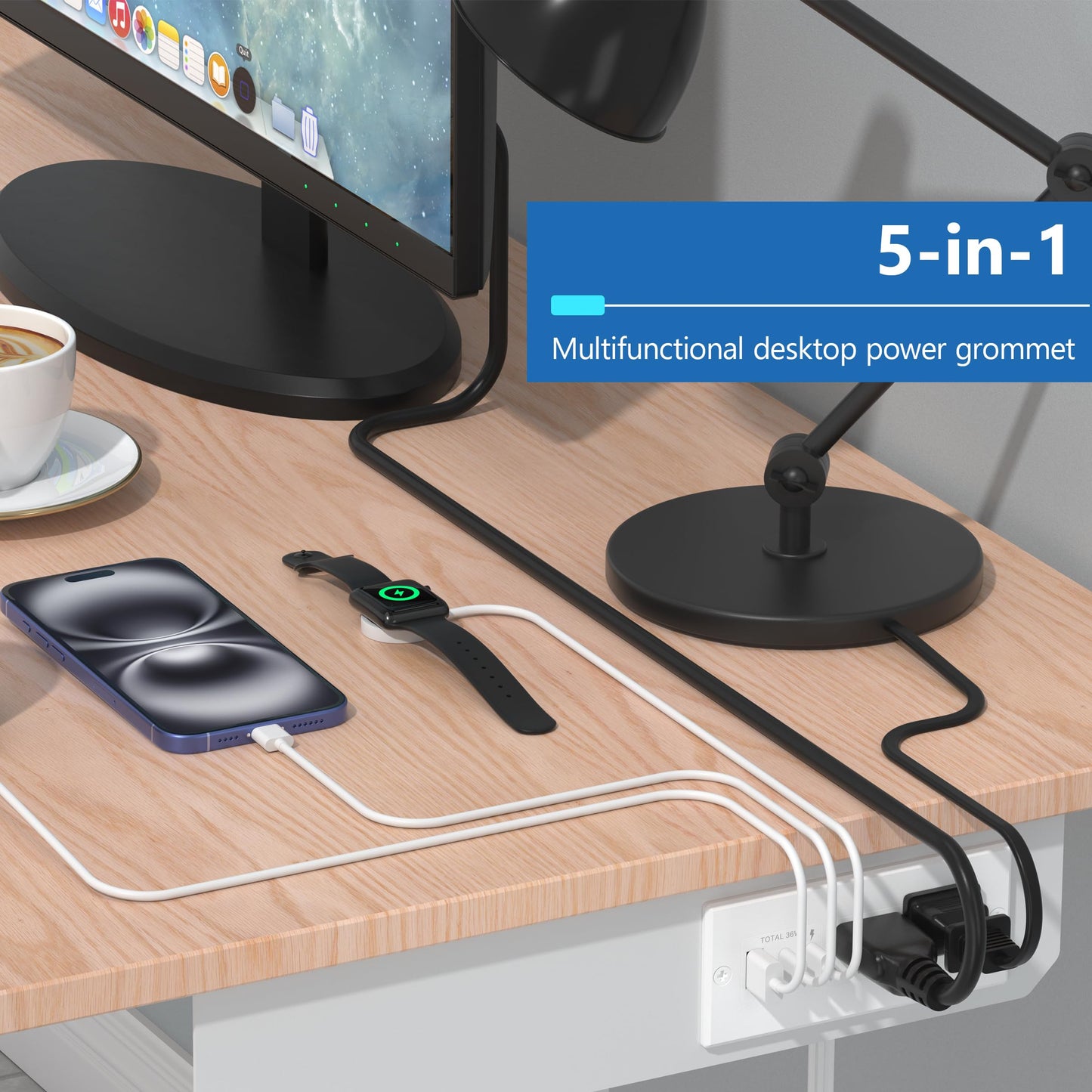 LIDER PD 36W Recessed Outlet Station with USB-A and USB-C Ports, Desktop Power Grommet, Power Delivery, Tamper-Resistant Receptacles, Power Strip