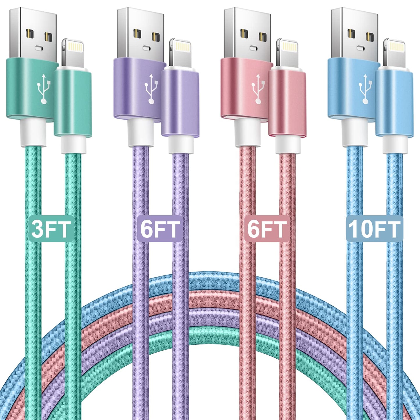 Souina iPhone Charger Cord,4-Pack?3FT/6FT/6FT/10FT? MFi Certified Lightning Cable Fast Charging Cord Nylon Braided iPhone Charging Cable Compatible…