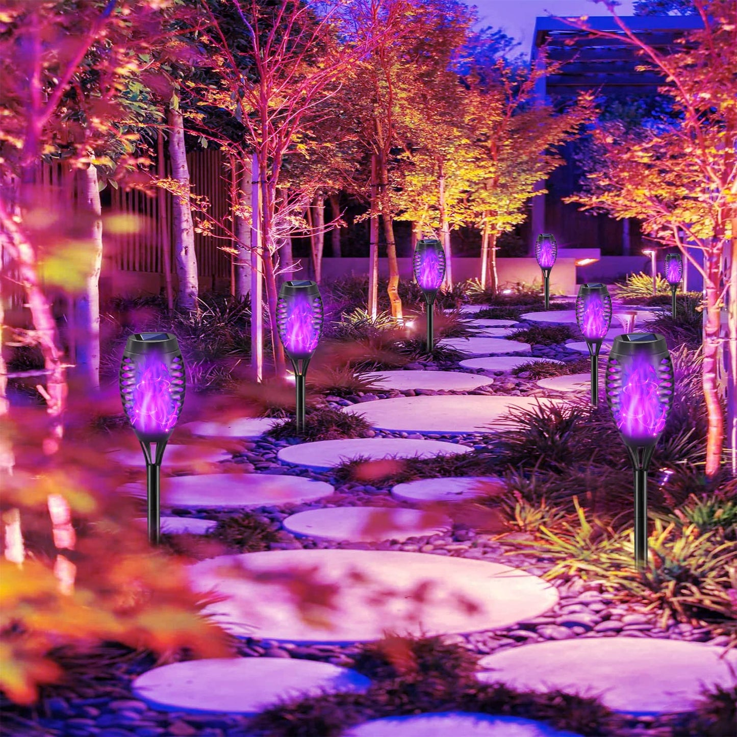 COCOMOX Halloween Decorations Outdoor, 12 Pack Purple Solar Lights Outdoor Waterproof 12 LED Mini Tiki Torch Lights with Flickering Flame for Outside