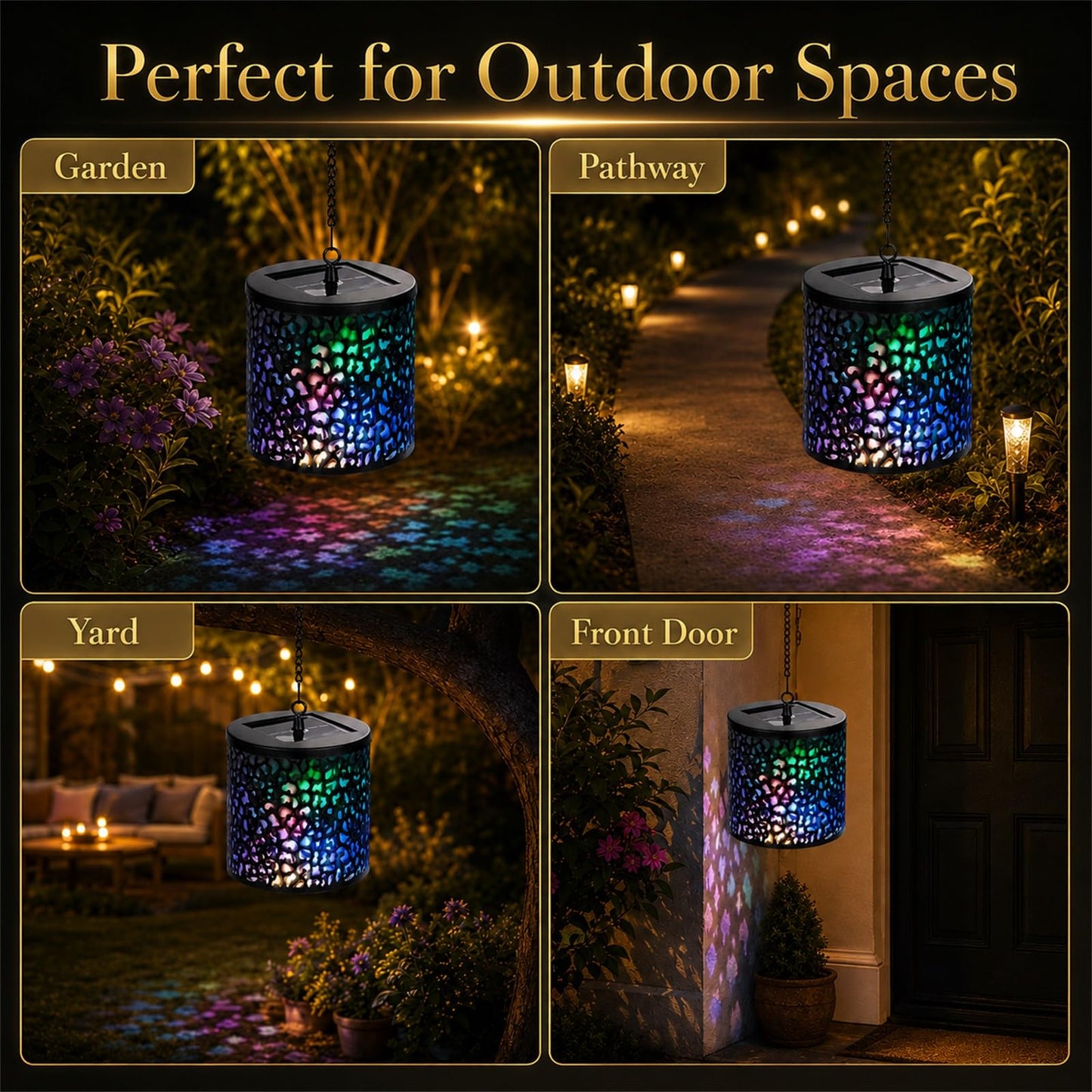 Hanging Solar Lights Outdoor Waterproof: RGB Hanging Lights with S Hooks Decor Iron Art Outdoor Solar Lantern in Garden, Pathway,Yard, Front Door