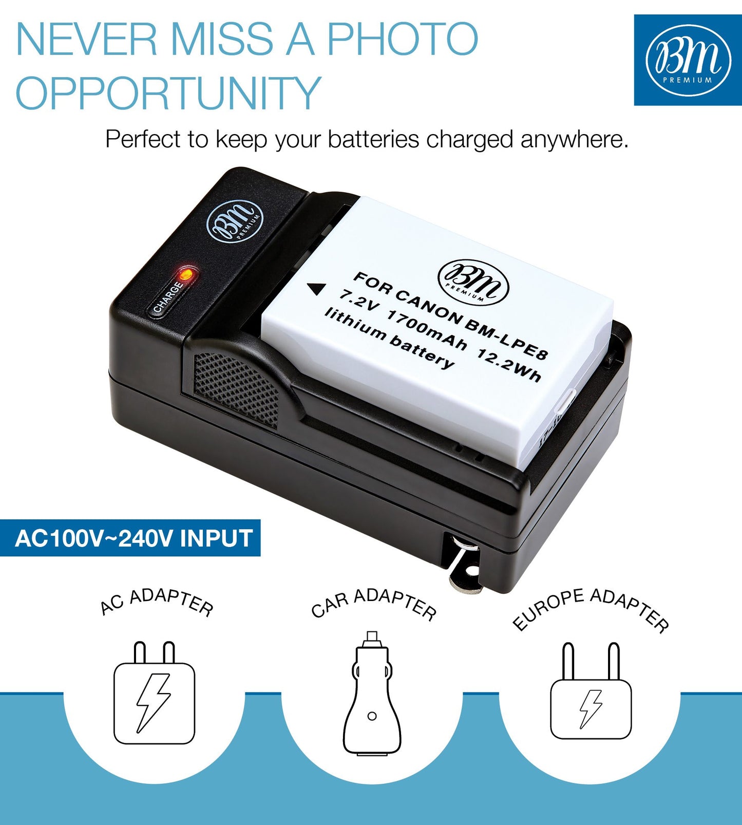 BM Premium LP-E8 Battery and Battery Charger for Canon EOS Rebel T2i, T3i, T4i, T5i, EOS 550D, EOS 600D, EOS 650D, EOS 700D DSLR Digital Camera