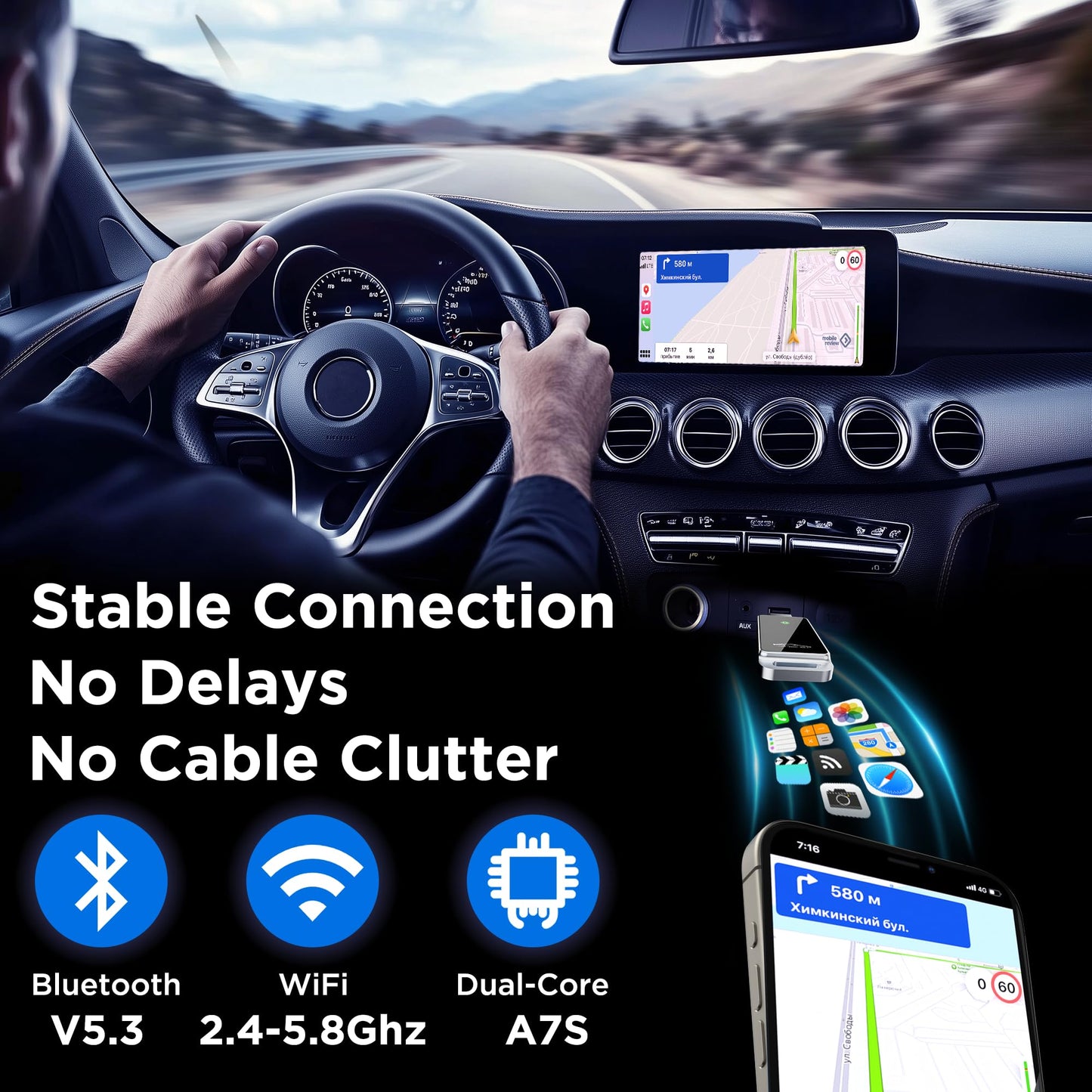 vnilrgle Wireless CarPlay Adapter 2024 Upgrade, Plug and Play, No Latency, Converts Factory Wired to Wireless, Compatible with iPhone 6+ and 2015+