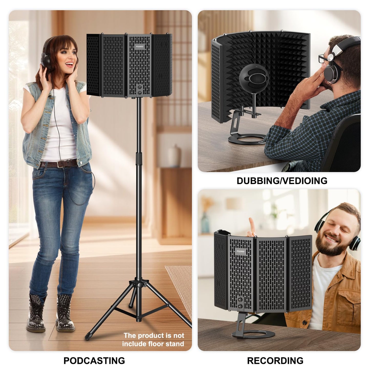 Aokeo Microphone Isolation Shield, Foldable Mic Shield with Triple Sound Insulation, Reflection Filter with 3/8" and 5/8" Mic Threaded Mount for