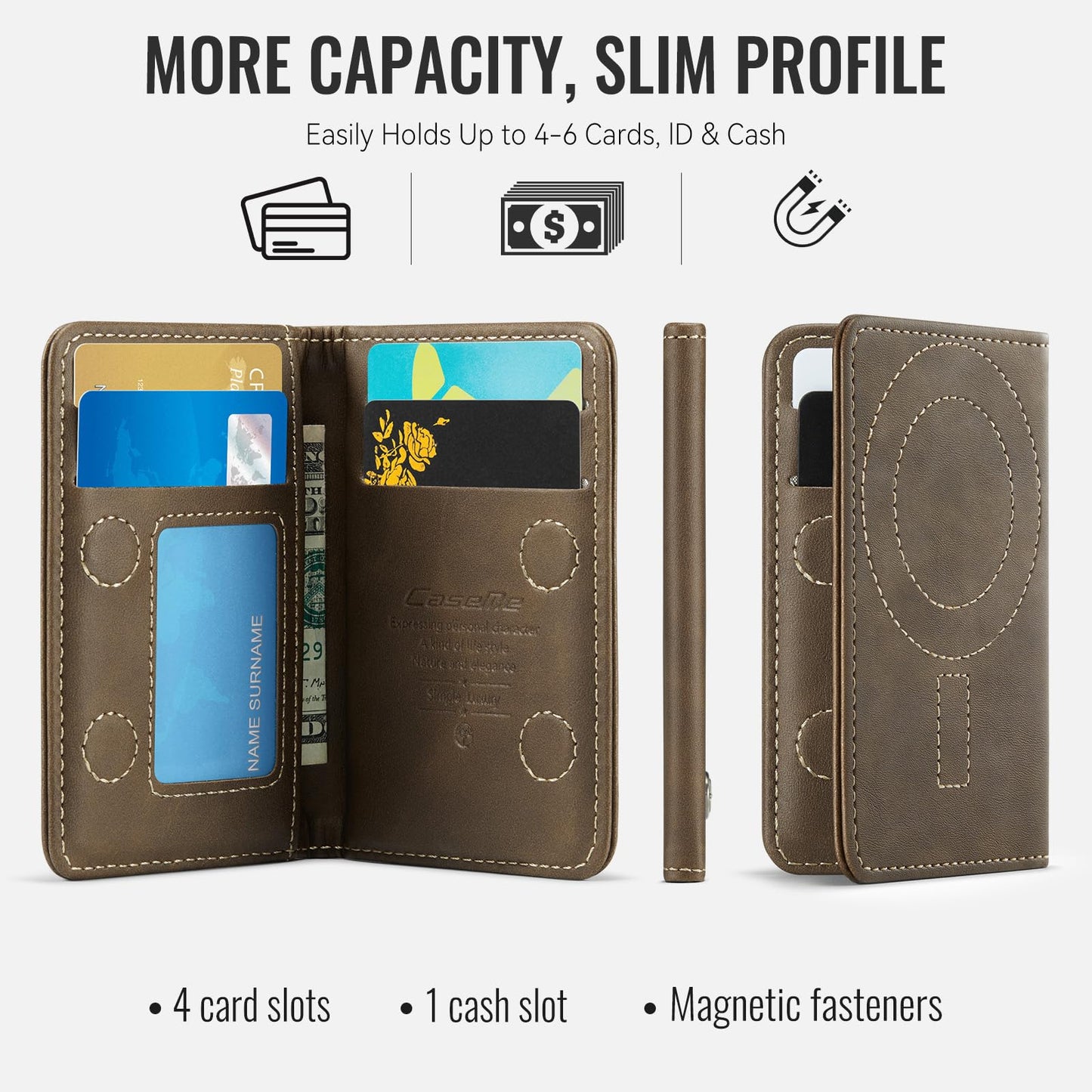 XIMAND Magnetic Wallet Card Holder with RFID Protection, PU Leather Slim Wallet, Strong Magnet Attachment for iPhone 18/17/16/15/14/13/12 Series Pro