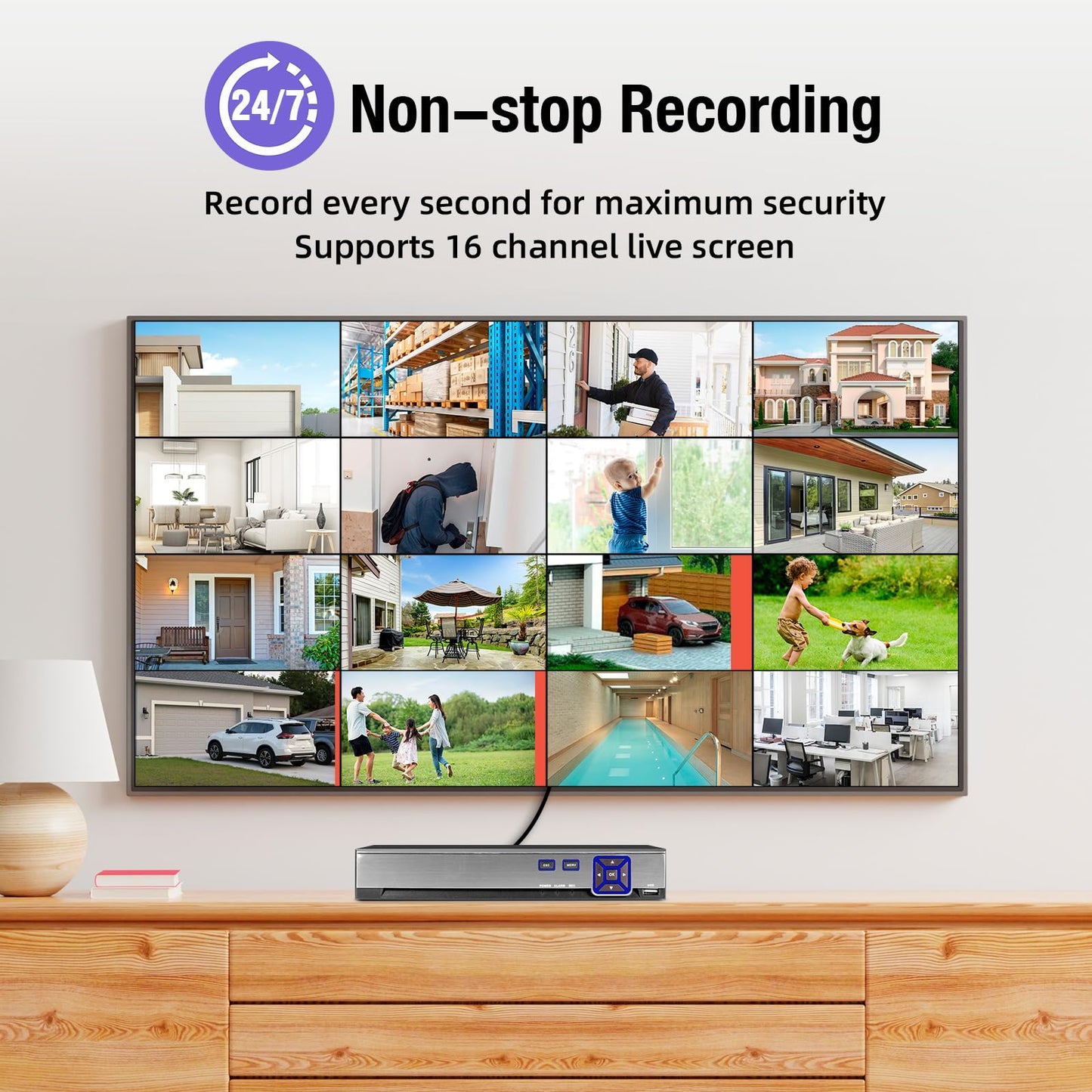 TOWODE 16 Channel Security Recorder DVR Supports 5MP Hybrid 5-in-1 AHD/TVI/CVI/CVBS/IP Analog Camera DVR with Human Detection, Remote Access 24/7