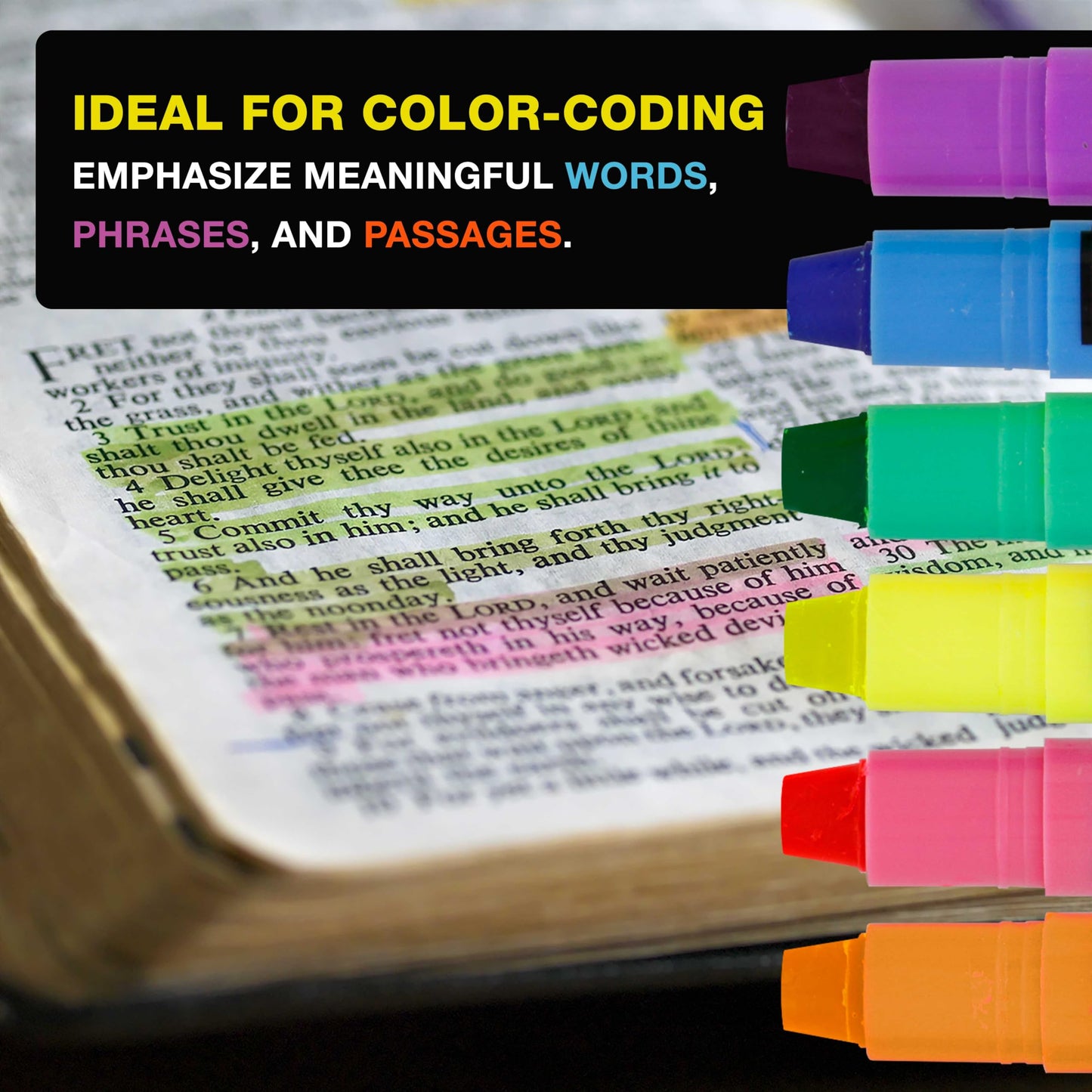 U.S. Office Supply Bible Safe Highlighter Set of 6 Bright Flouresent Colors, Dry Bible Highlighters No Bleed, Fade or Smear, Safe Gel Markers